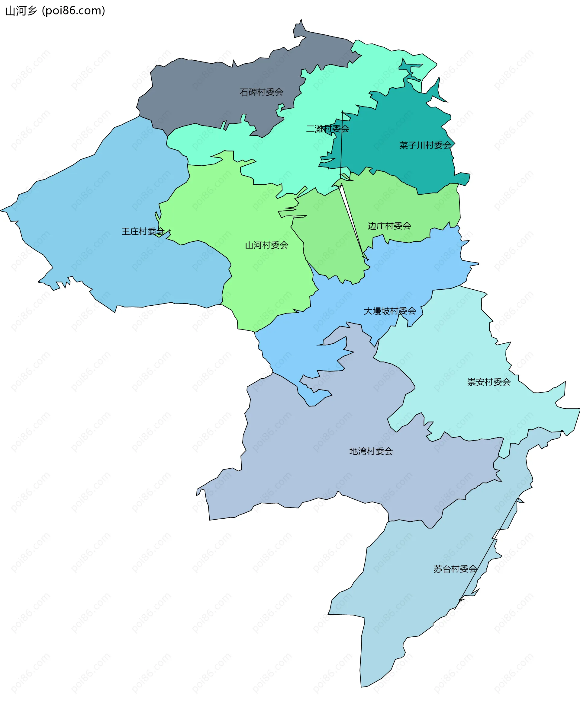 山河乡边界地图(五级行政区划)