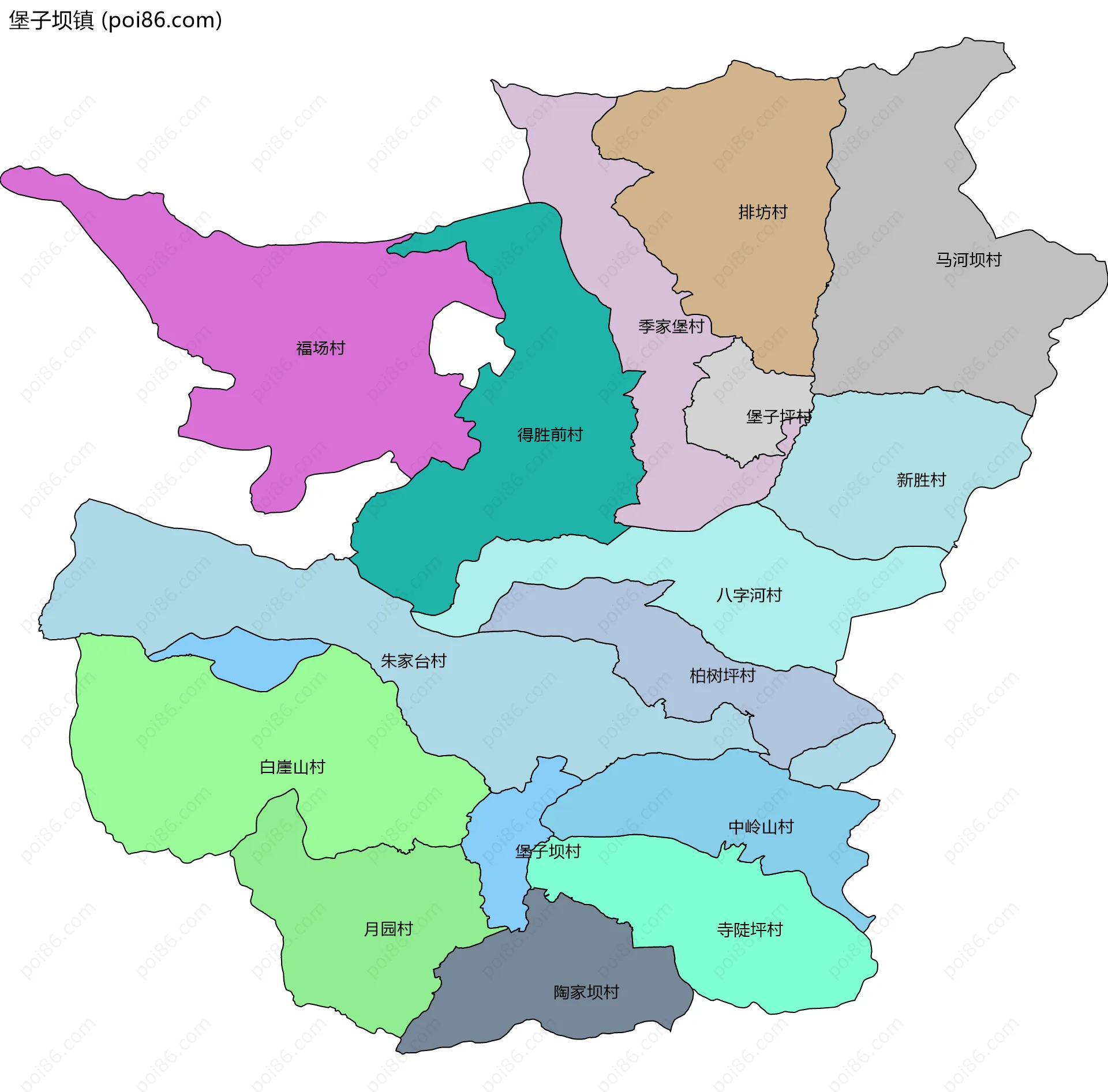 堡子坝镇边界地图(五级行政区划)