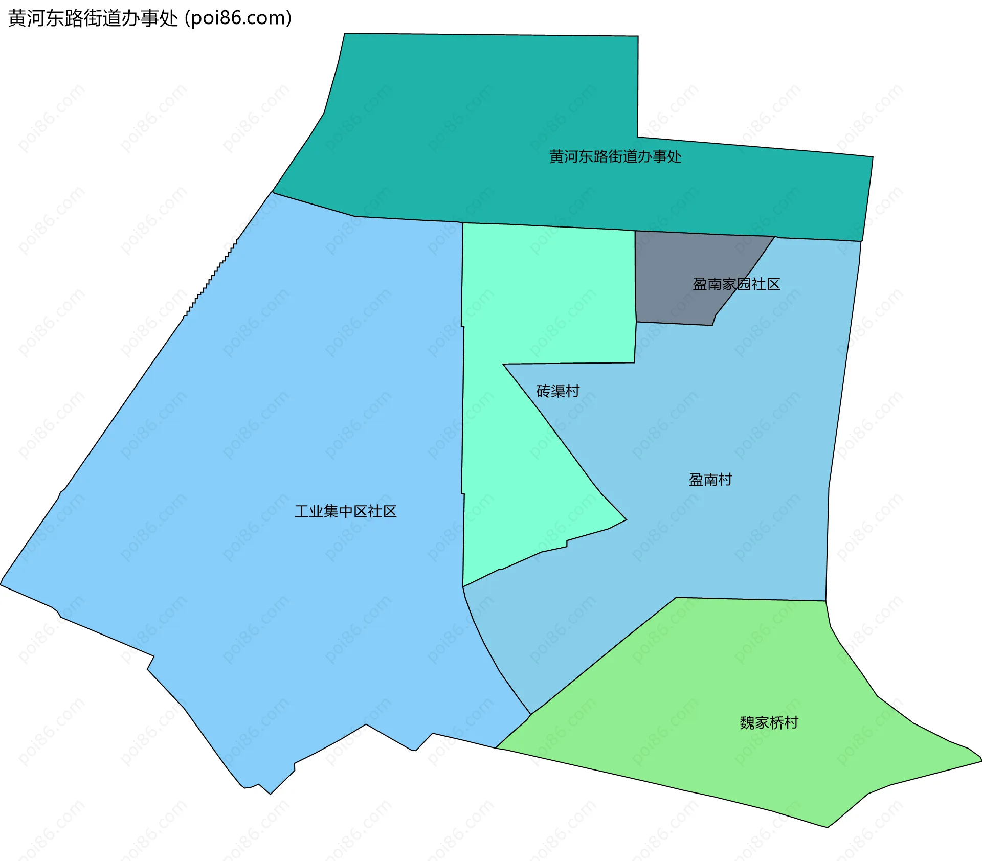 黄河东路街道办事处边界地图(五级行政区划)