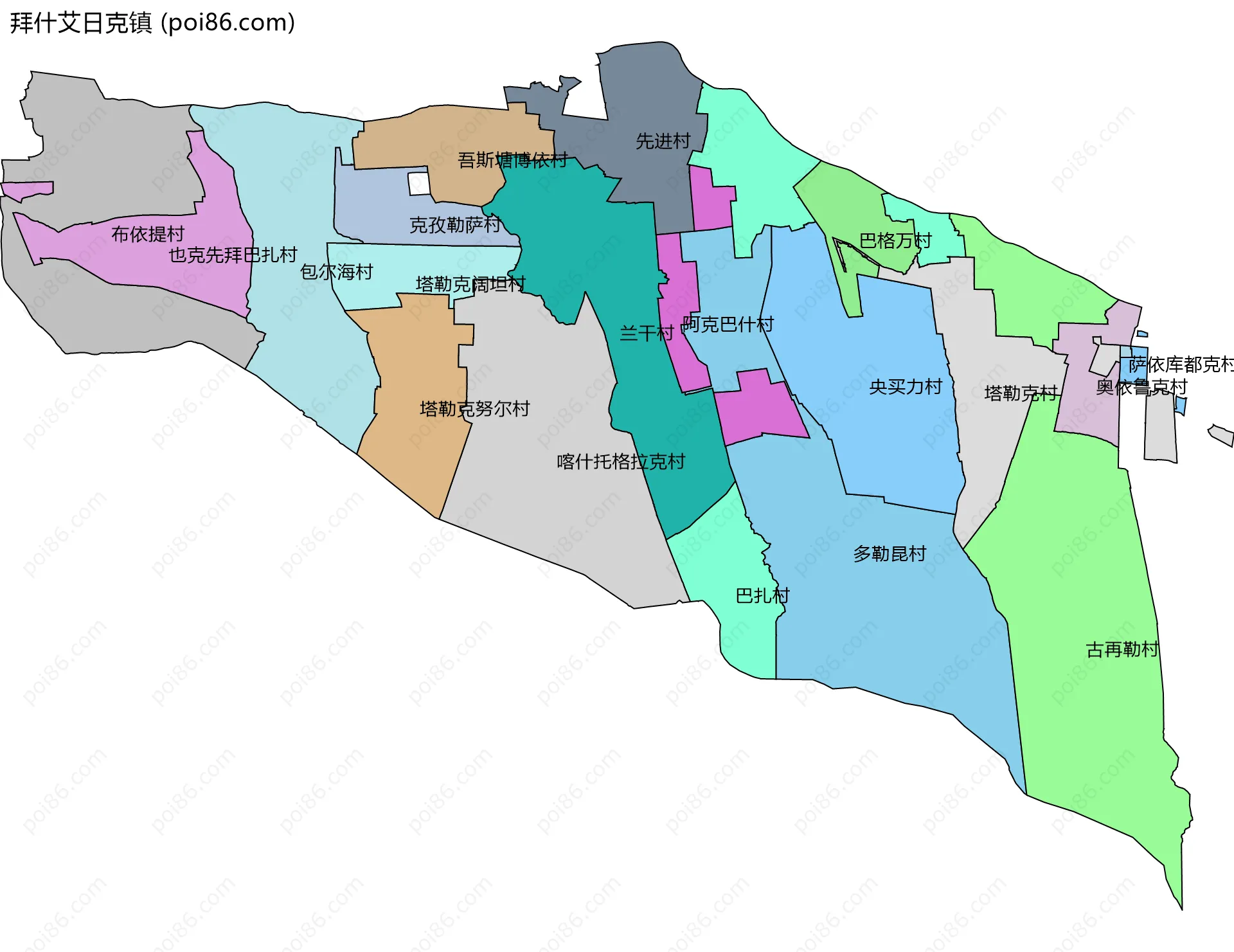 拜什艾日克镇边界地图(五级行政区划)
