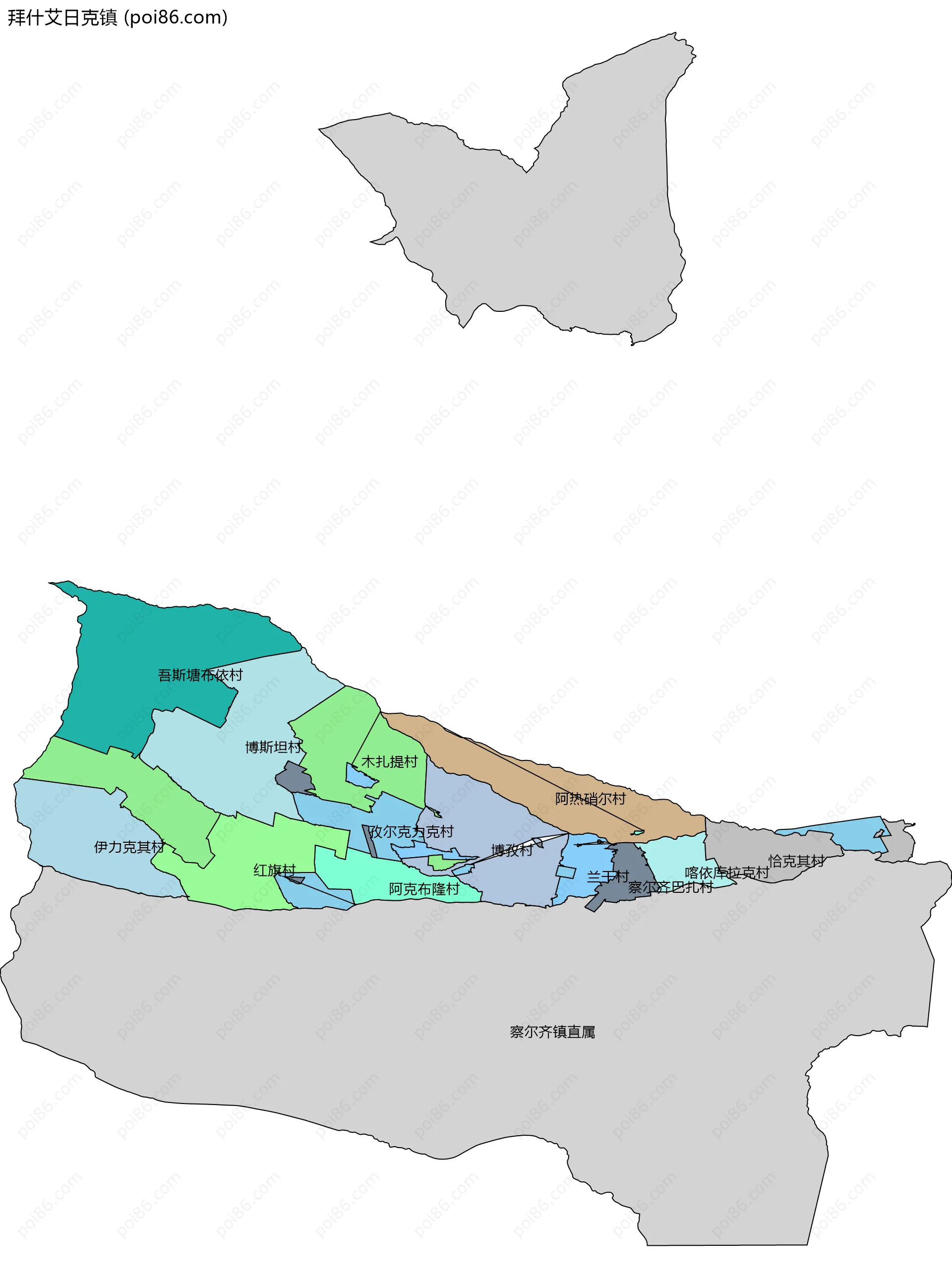 拜什艾日克镇边界地图(五级行政区划)
