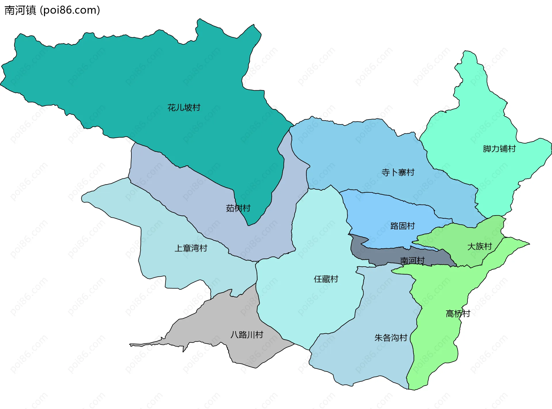 南河镇边界地图(五级行政区划)