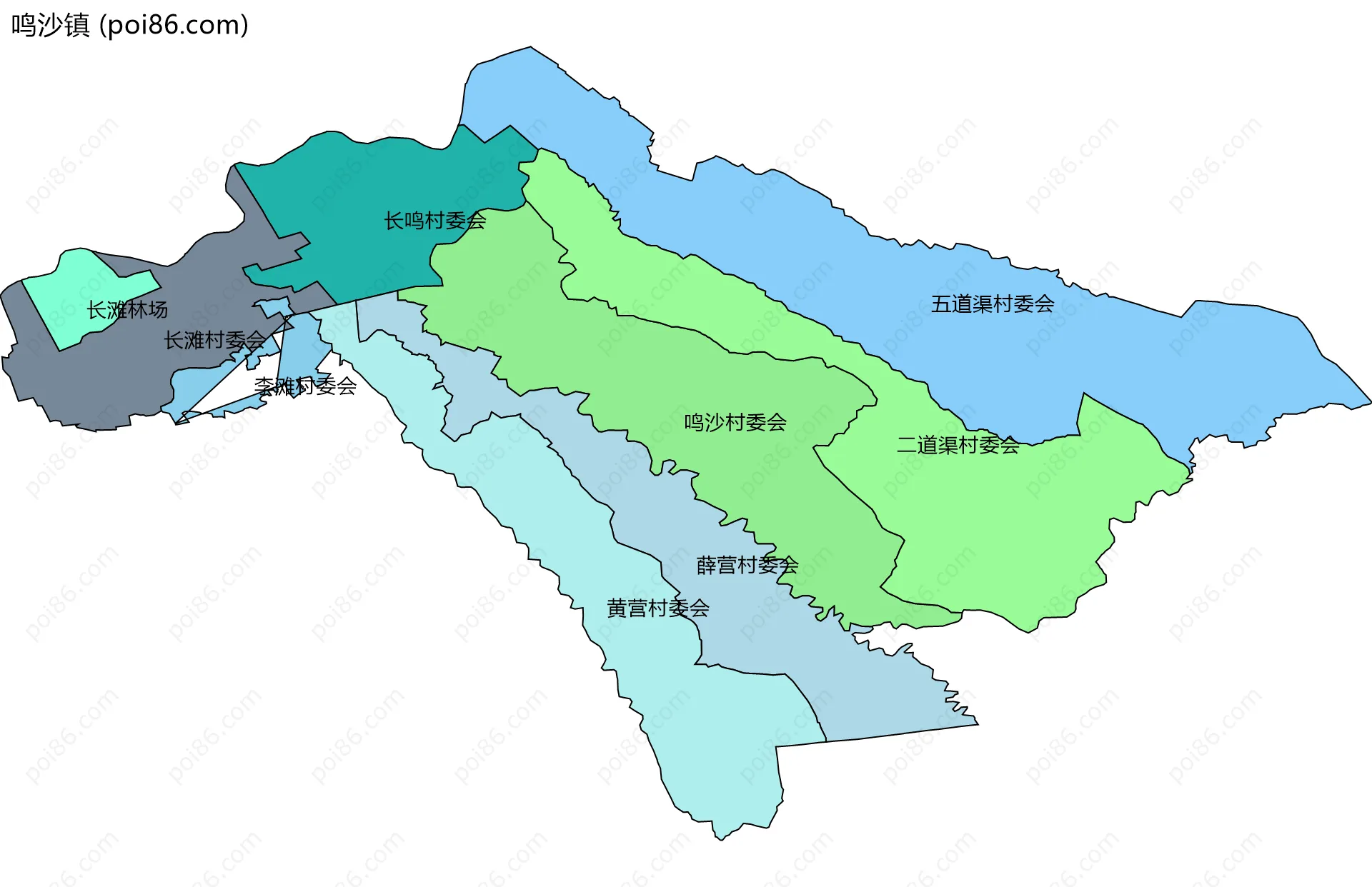 鸣沙镇边界地图(五级行政区划)