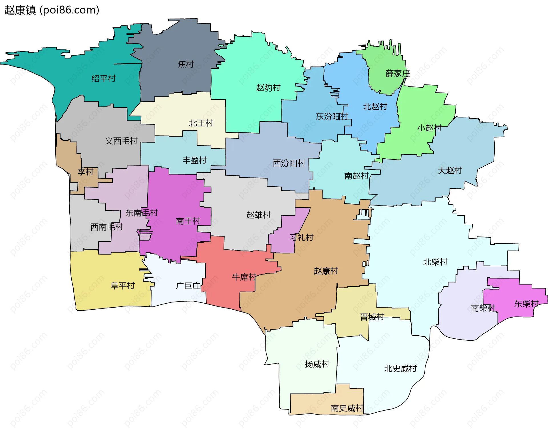 赵康镇边界地图(五级行政区划)