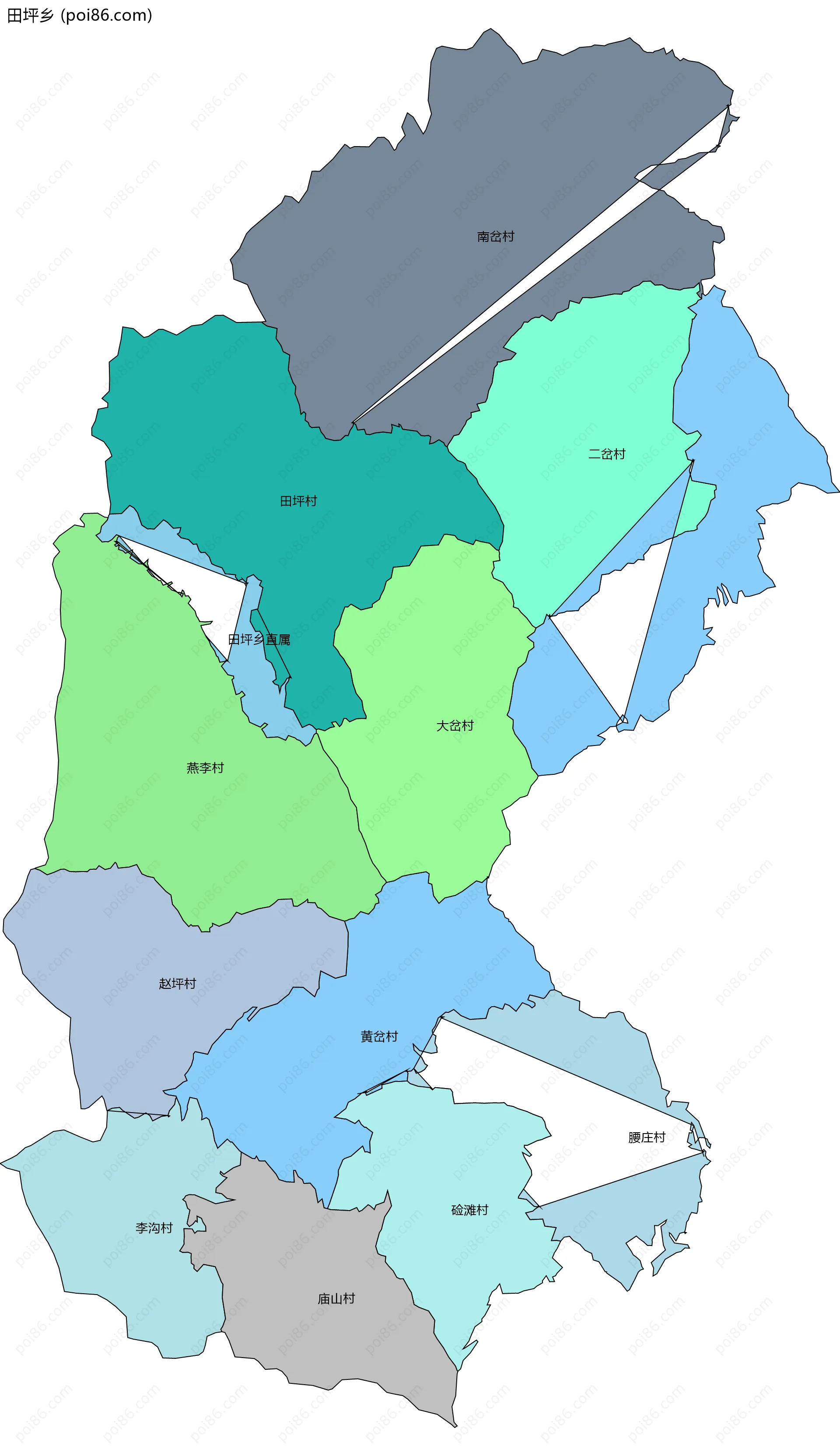 田坪乡边界地图(五级行政区划)