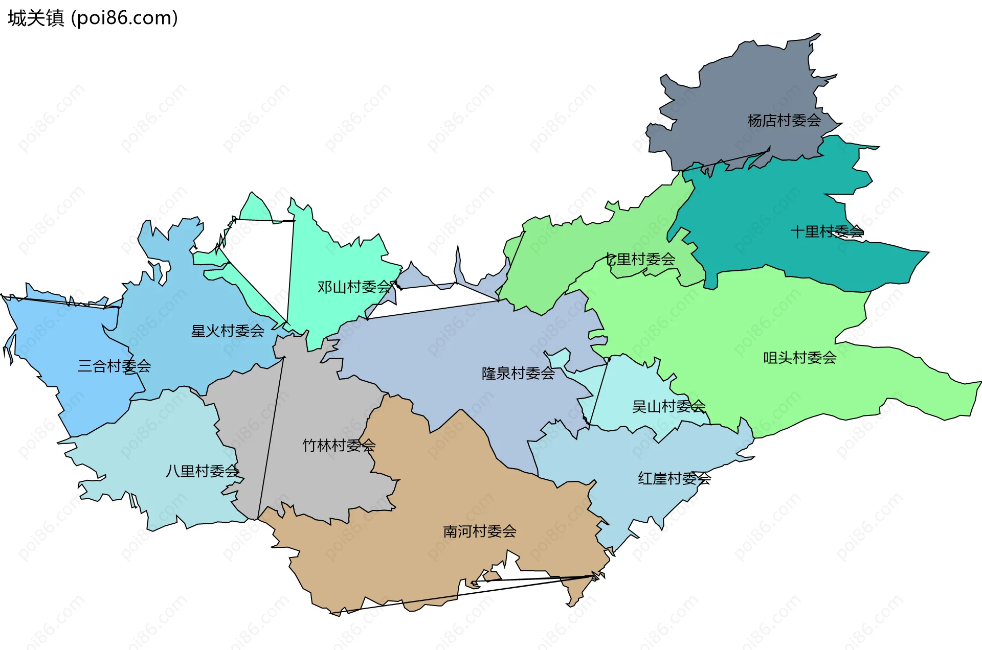 城关镇边界地图(五级行政区划)
