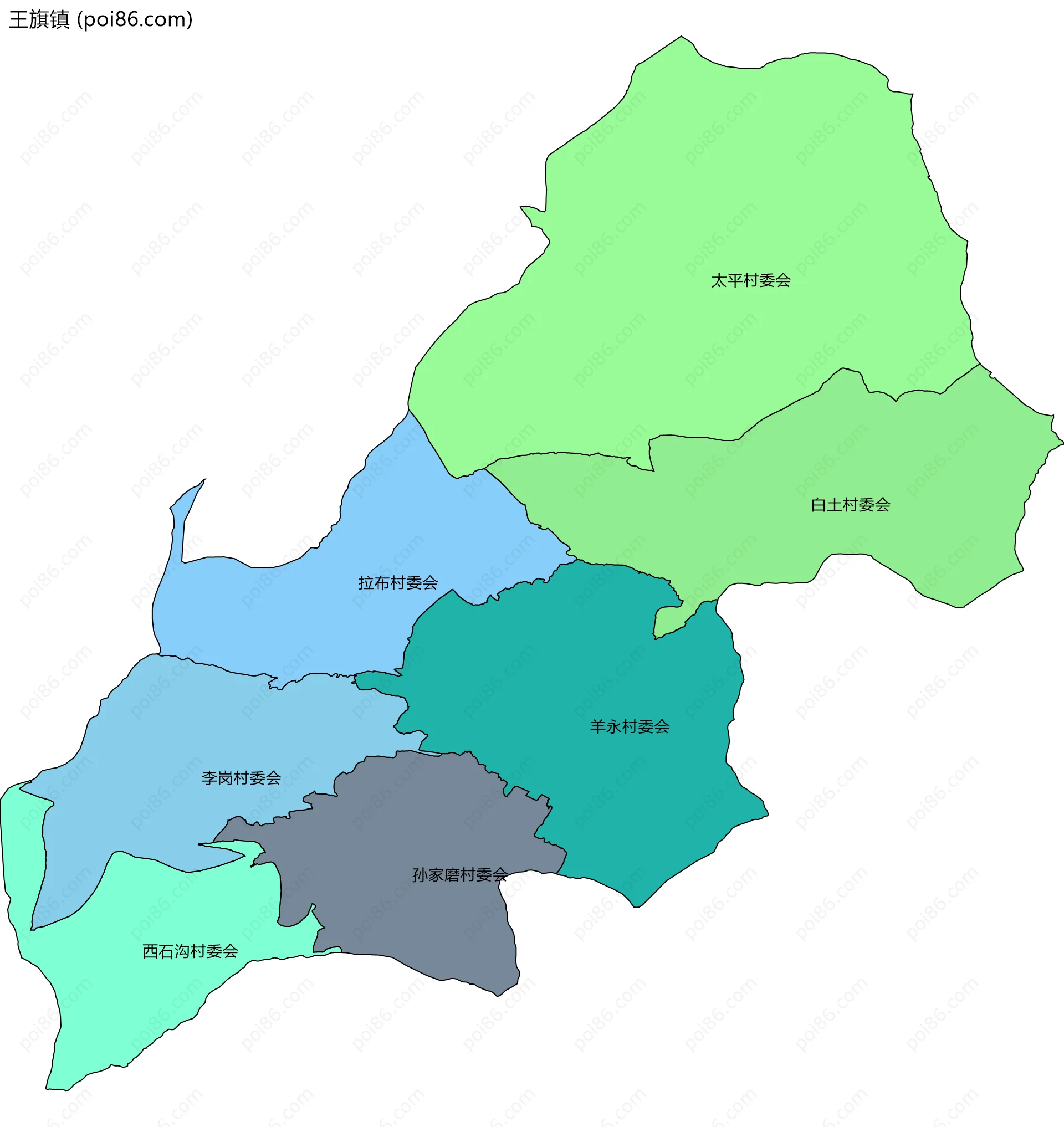 王旗镇边界地图(五级行政区划)