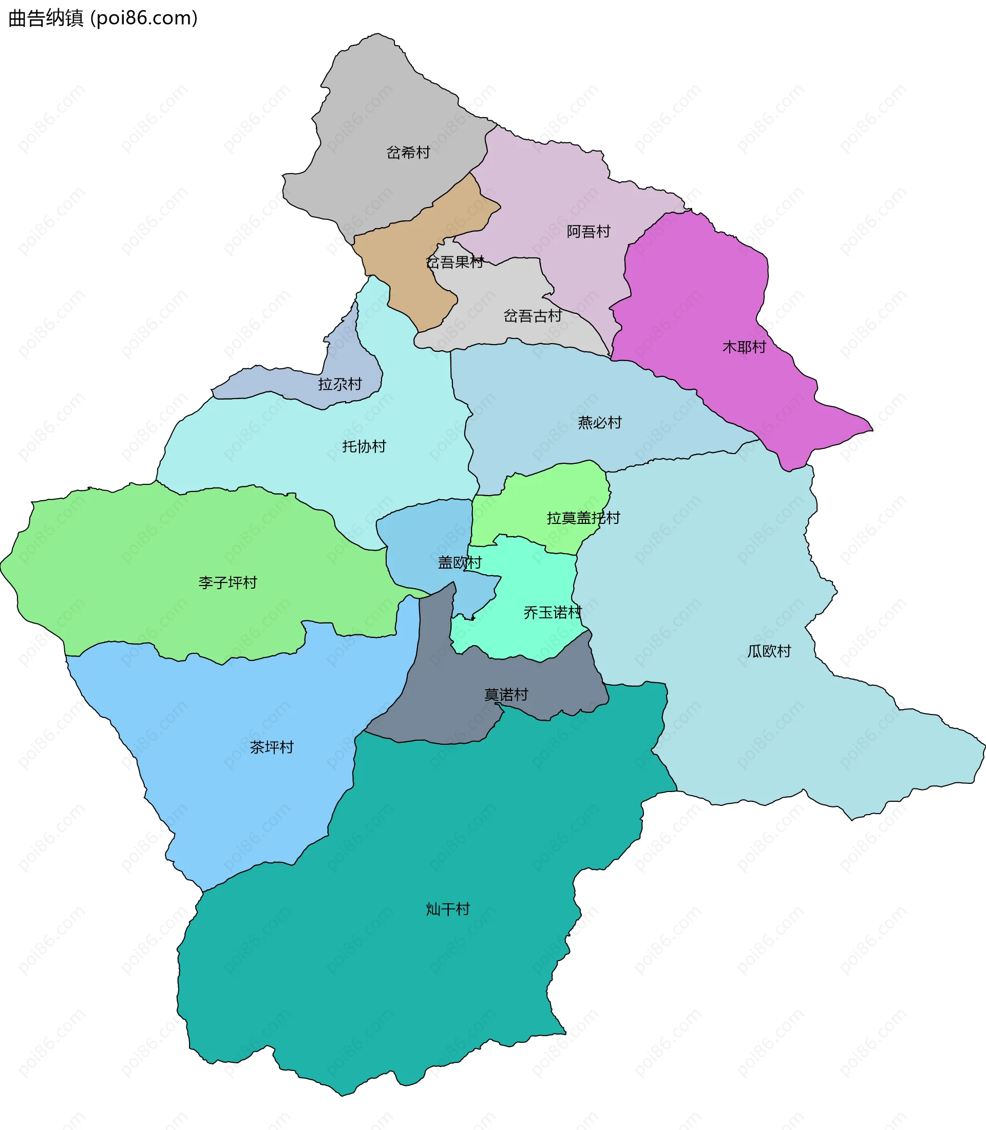 曲告纳镇边界地图(五级行政区划)