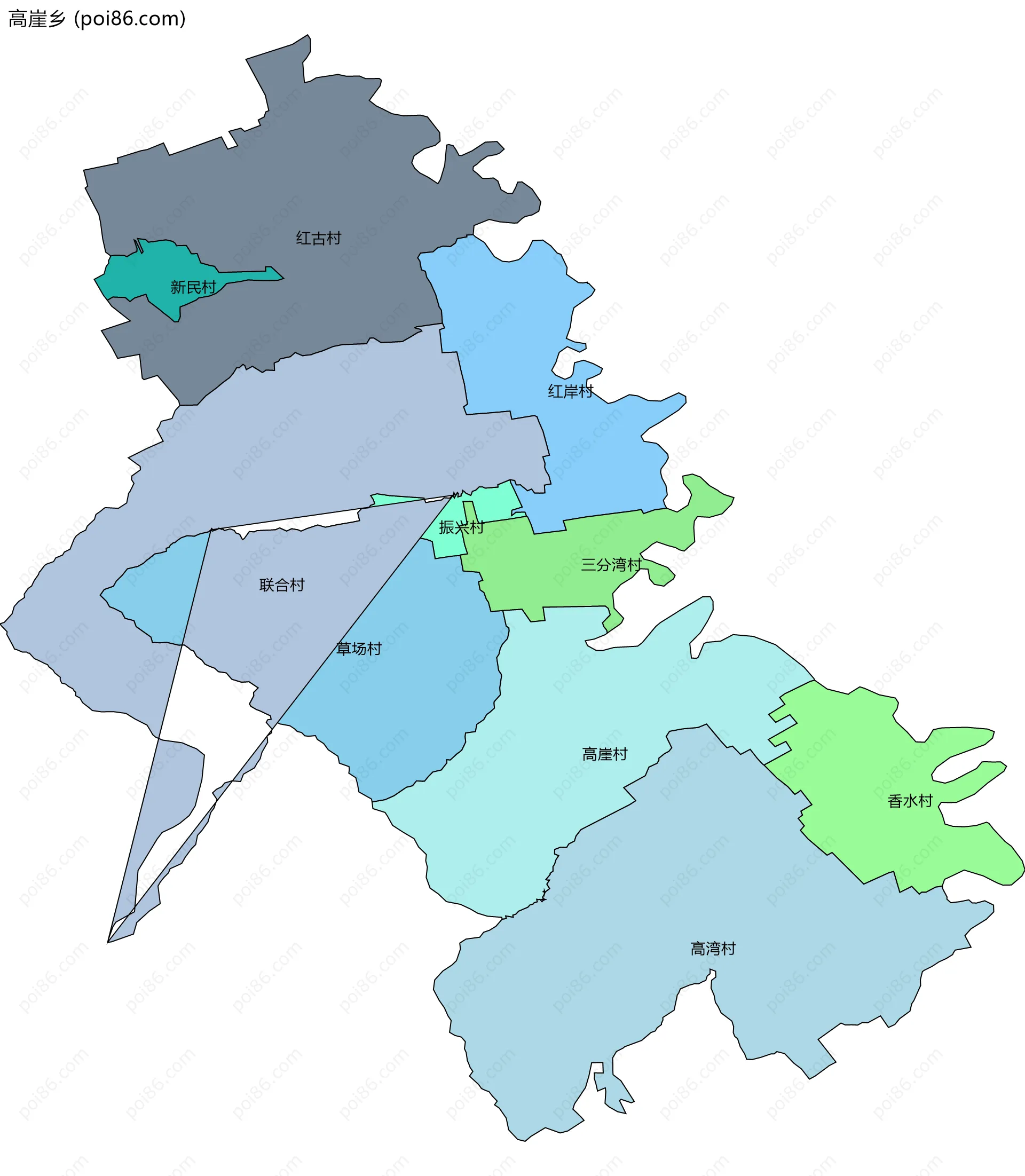 高崖乡边界地图(五级行政区划)