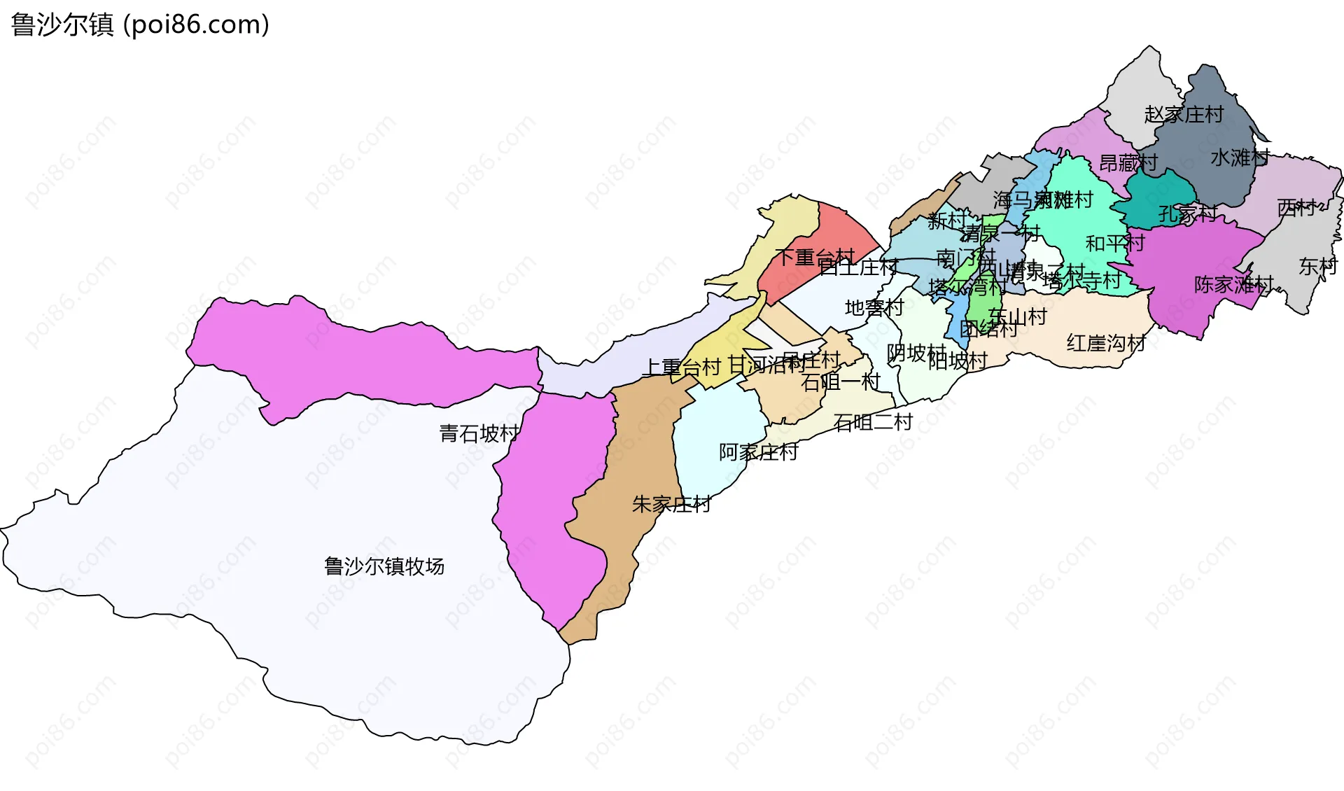 鲁沙尔镇边界地图(五级行政区划)