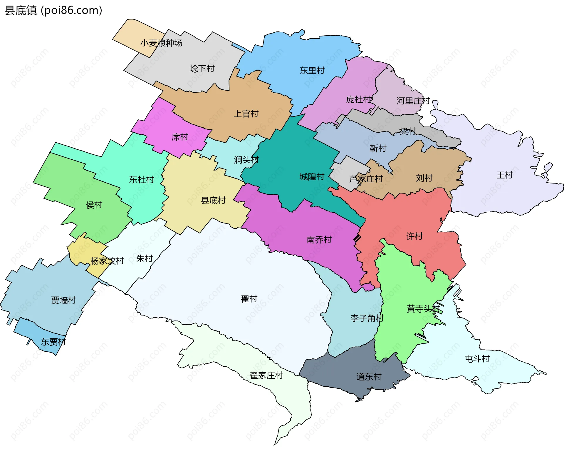 县底镇边界地图(五级行政区划)