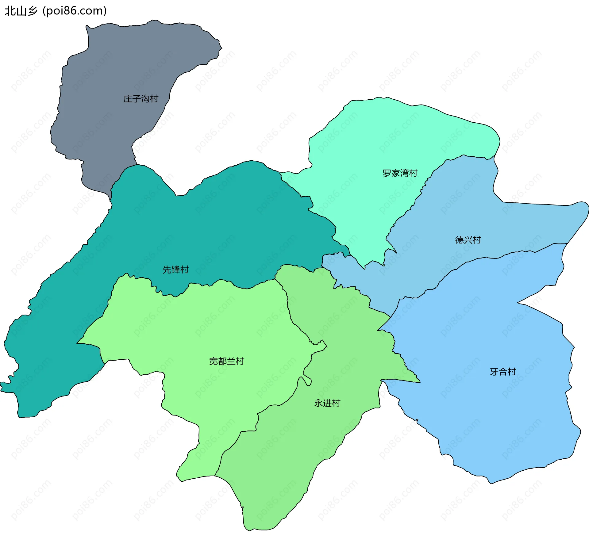 北山乡边界地图(五级行政区划)