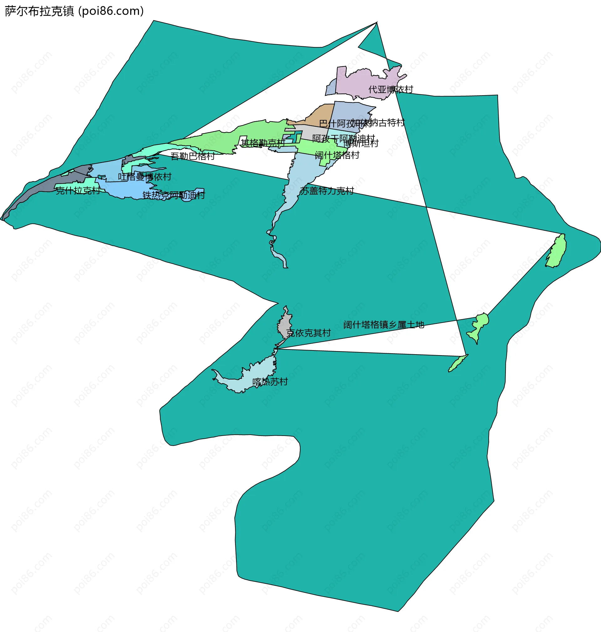 萨尔布拉克镇边界地图(五级行政区划)