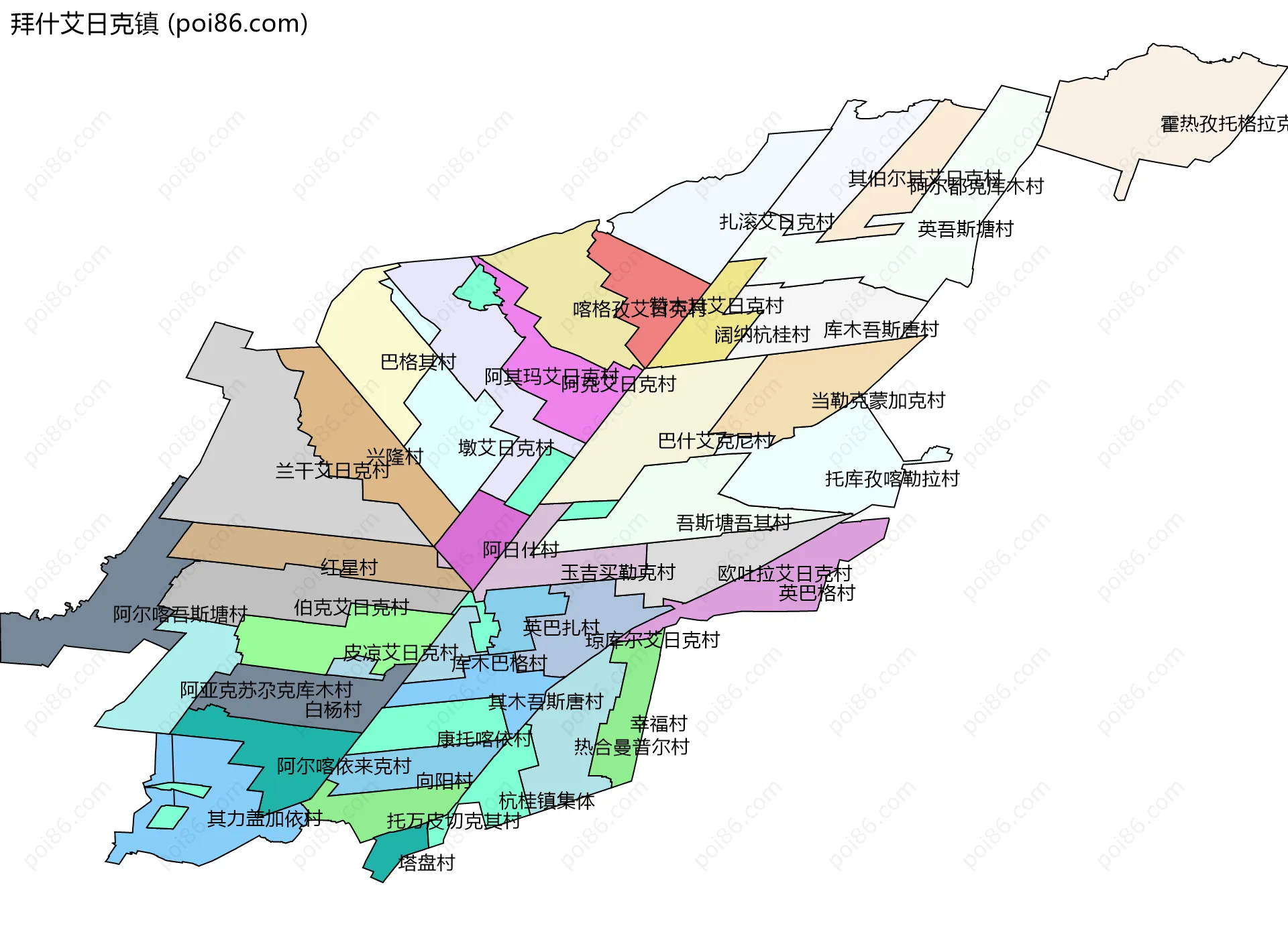 拜什艾日克镇边界地图(五级行政区划)