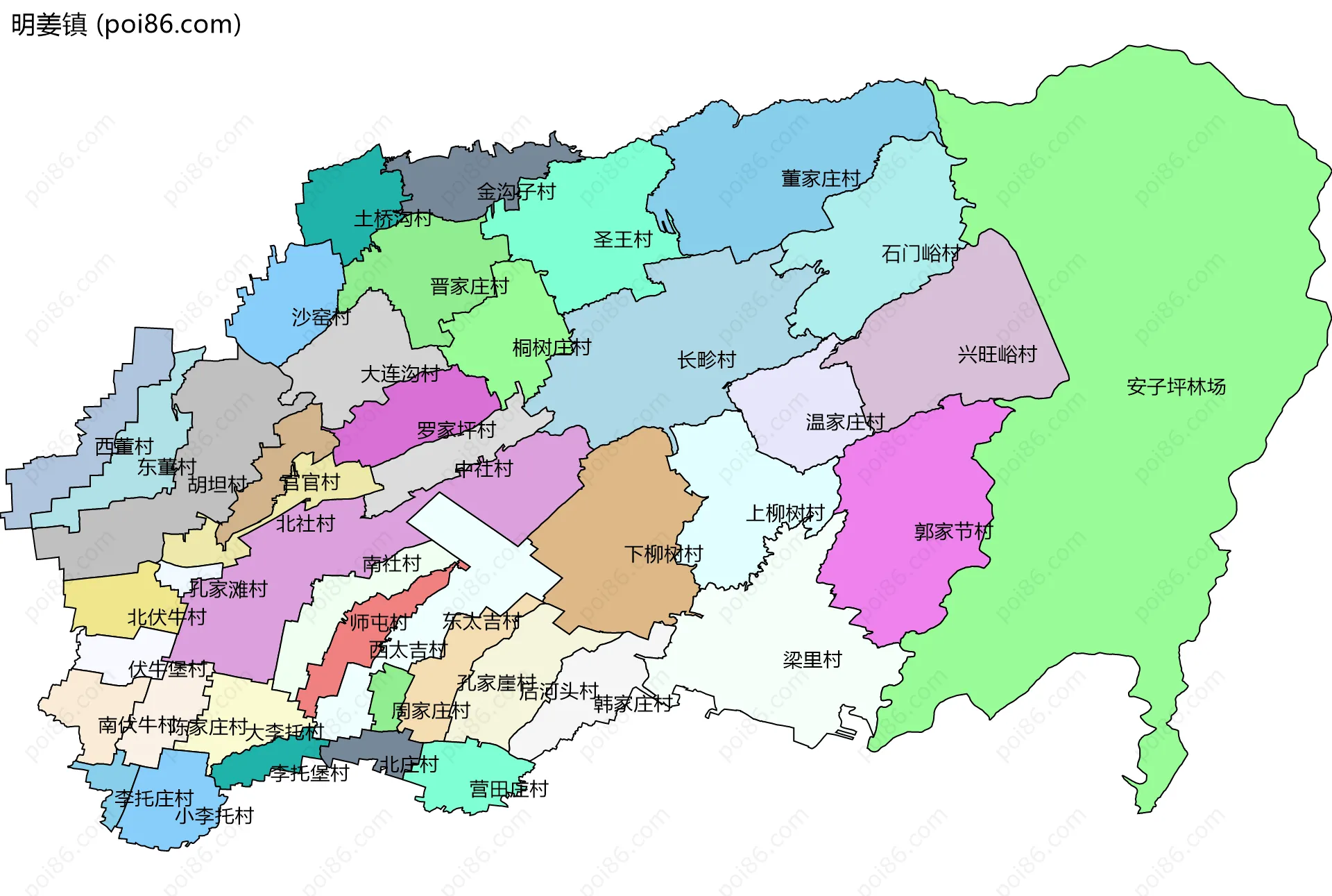 明姜镇边界地图(五级行政区划)