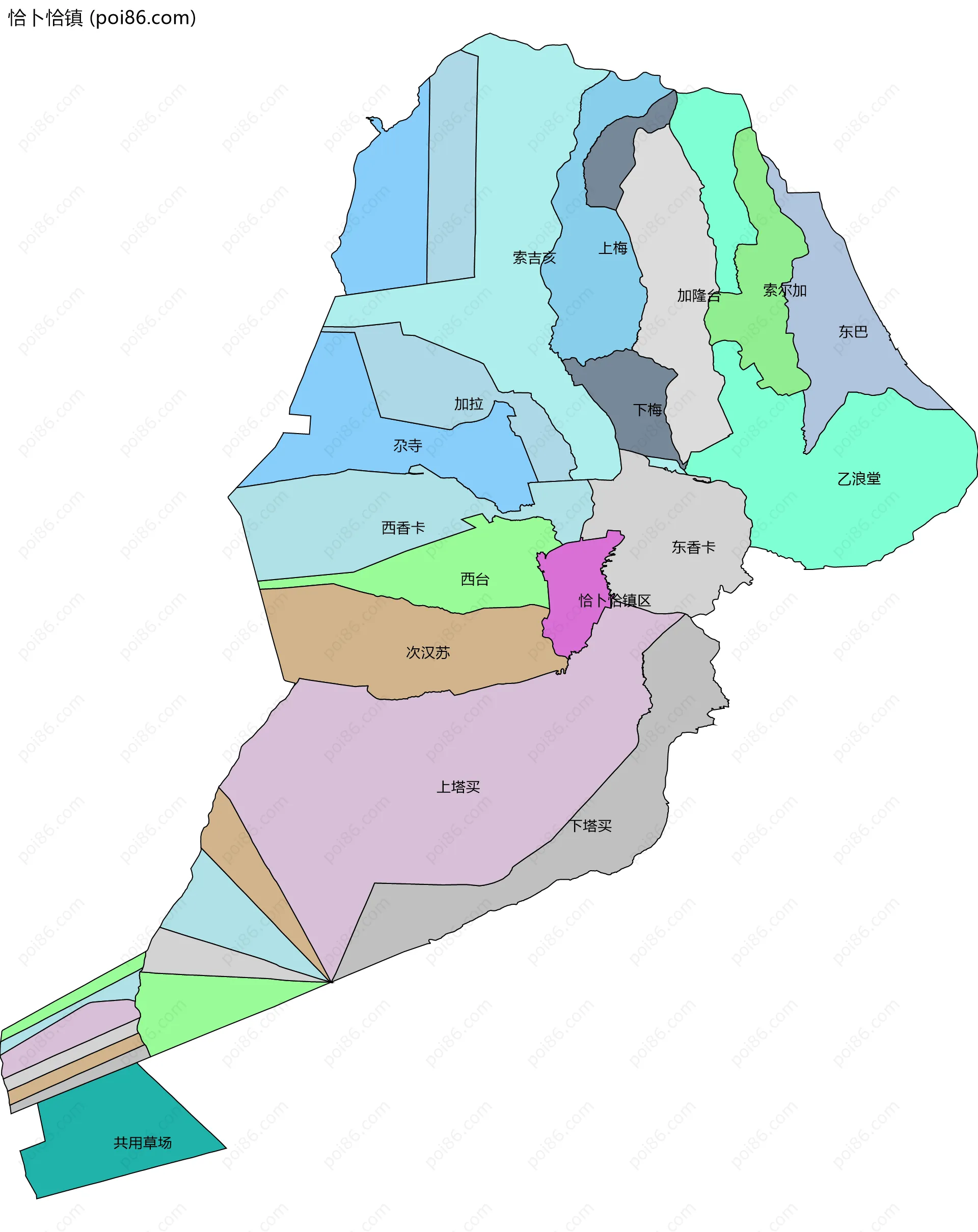 恰卜恰镇边界地图(五级行政区划)