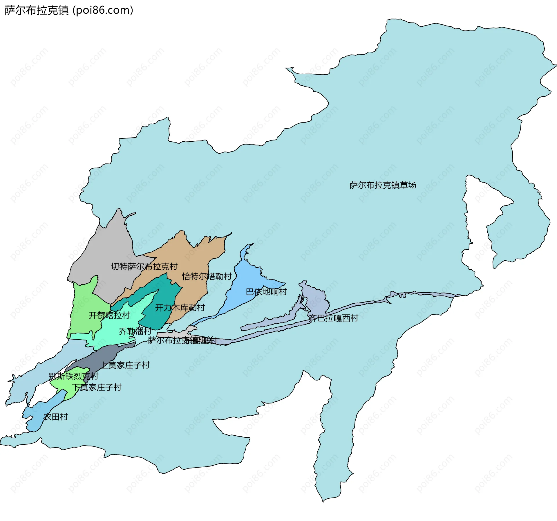 萨尔布拉克镇边界地图(五级行政区划)