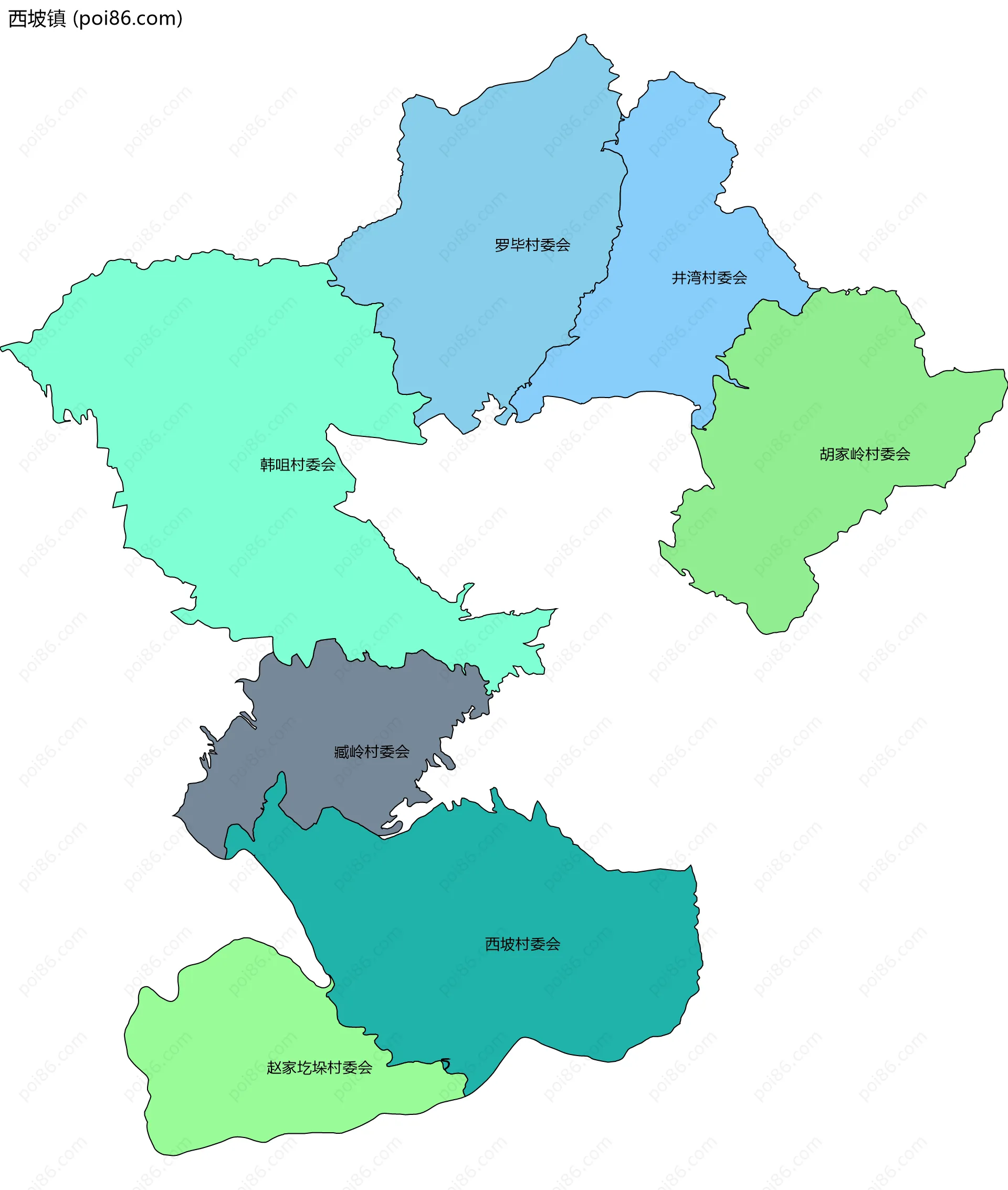 西坡镇边界地图(五级行政区划)