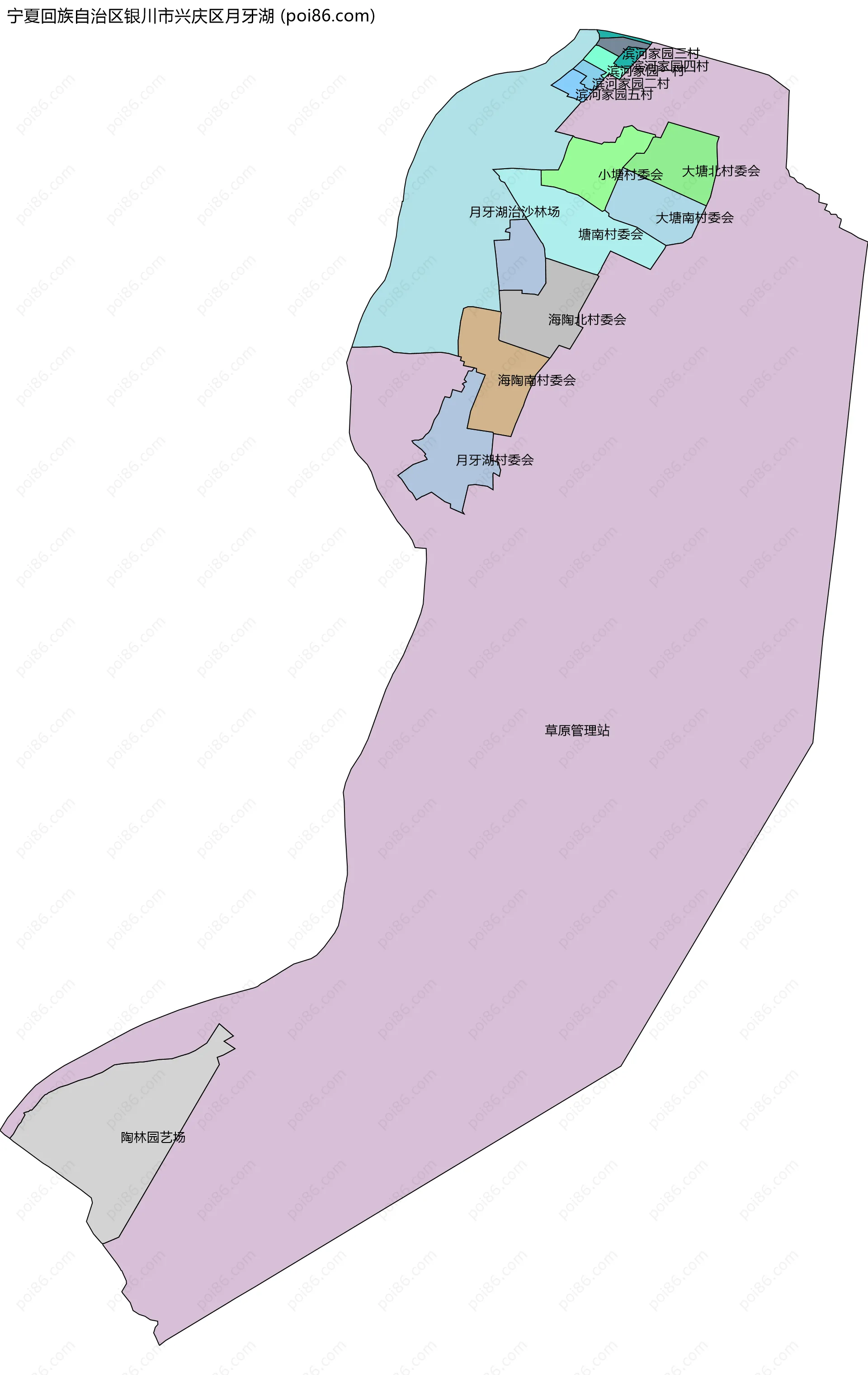 宁夏回族自治区银川市兴庆区月牙湖边界地图(五级行政区划)
