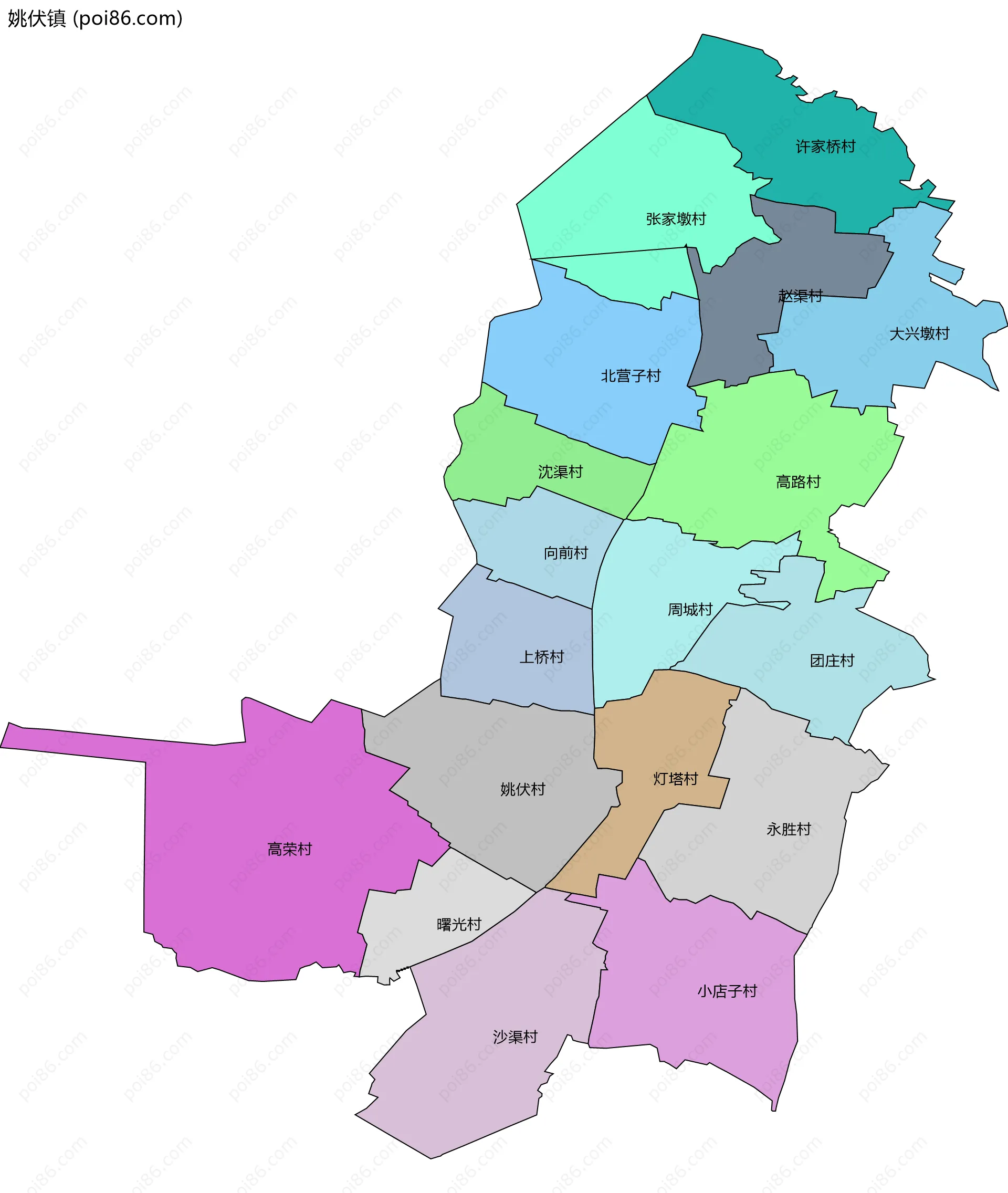 姚伏镇边界地图(五级行政区划)