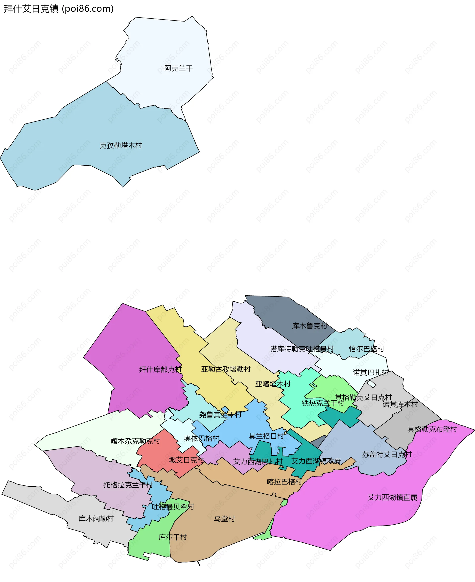 拜什艾日克镇边界地图(五级行政区划)