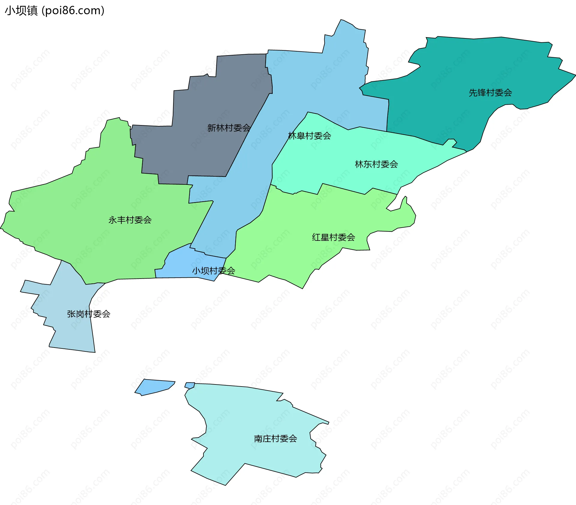 小坝镇边界地图(五级行政区划)