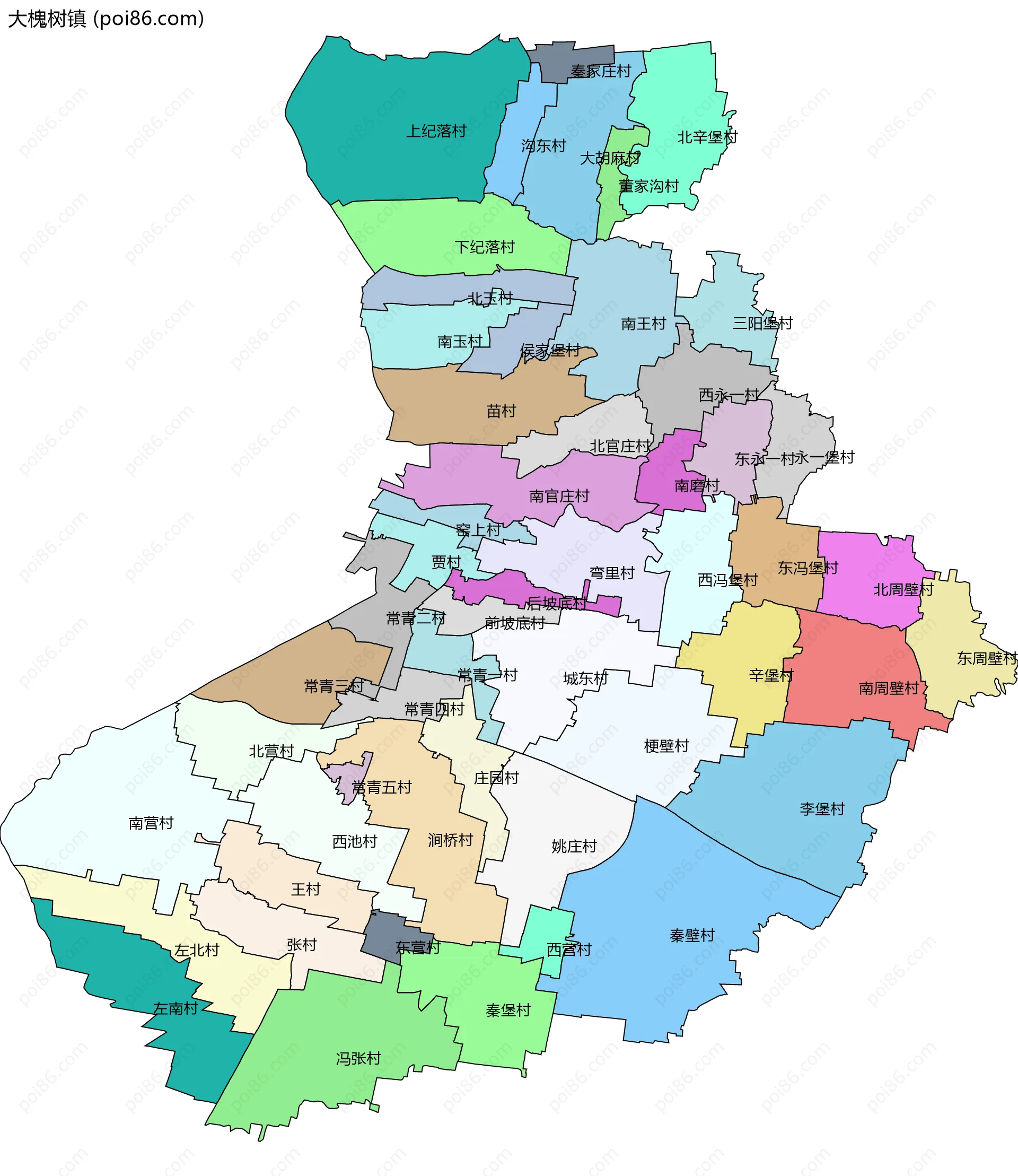 大槐树镇边界地图(五级行政区划)