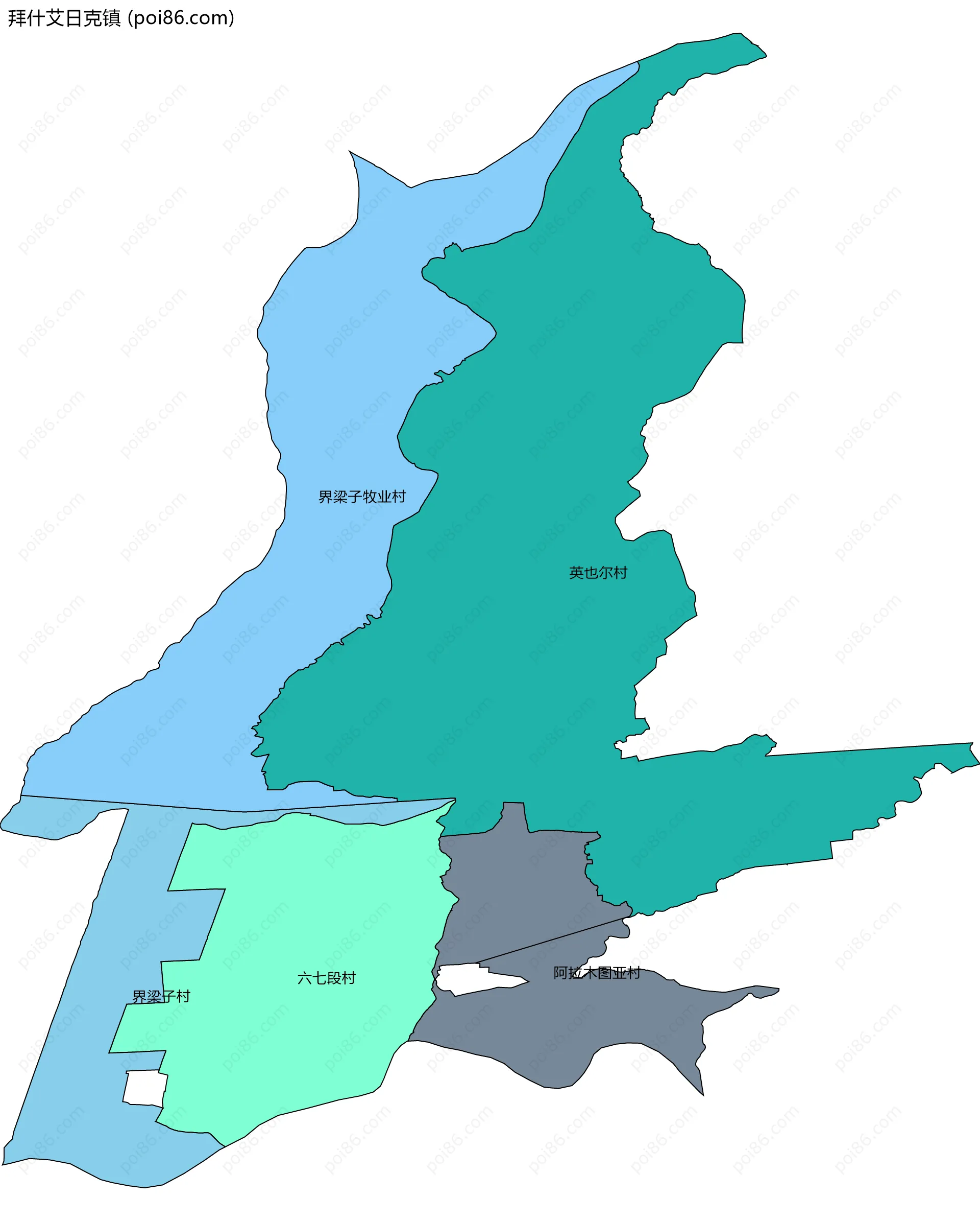 拜什艾日克镇边界地图(五级行政区划)
