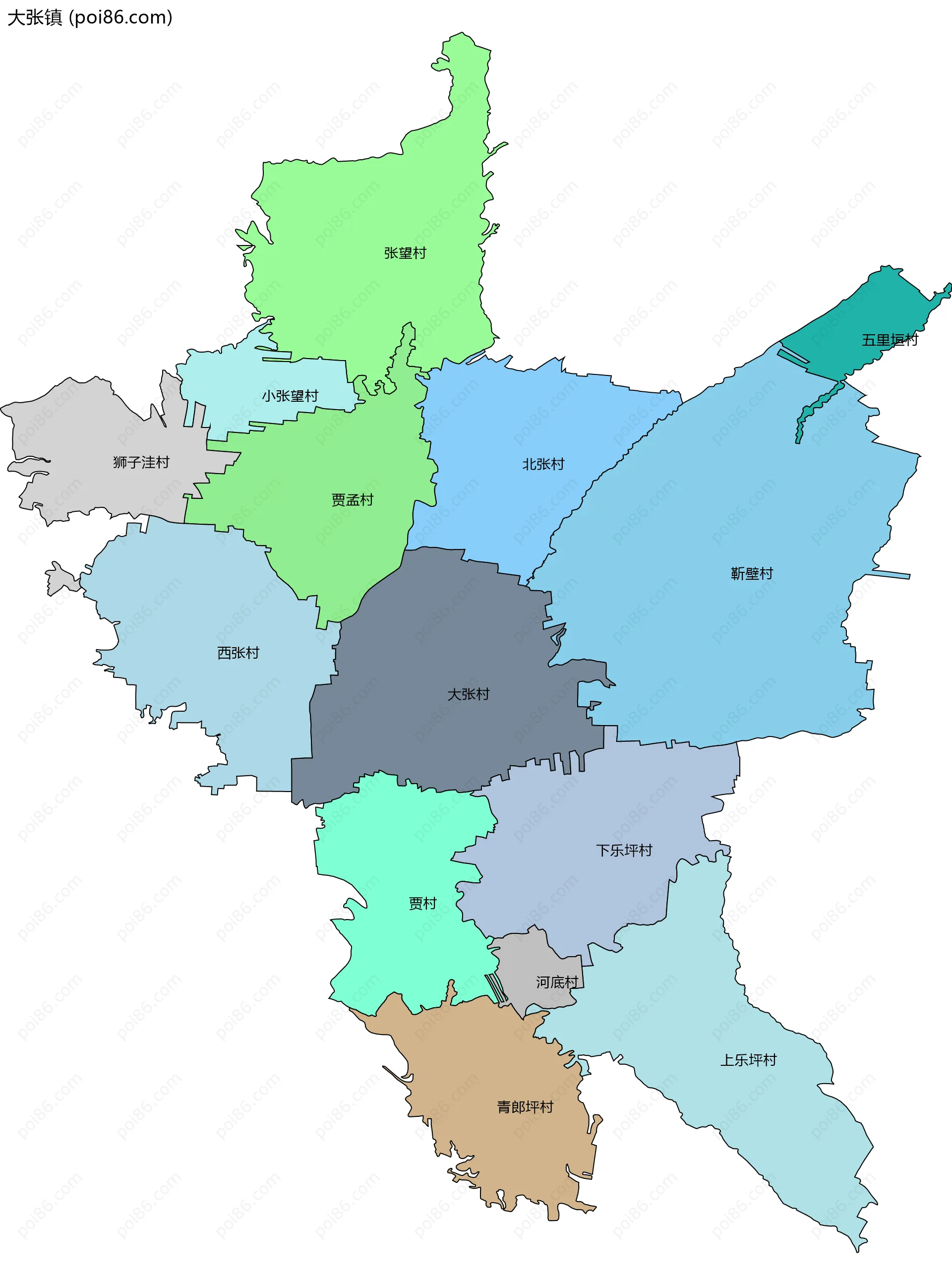 大张镇边界地图(五级行政区划)