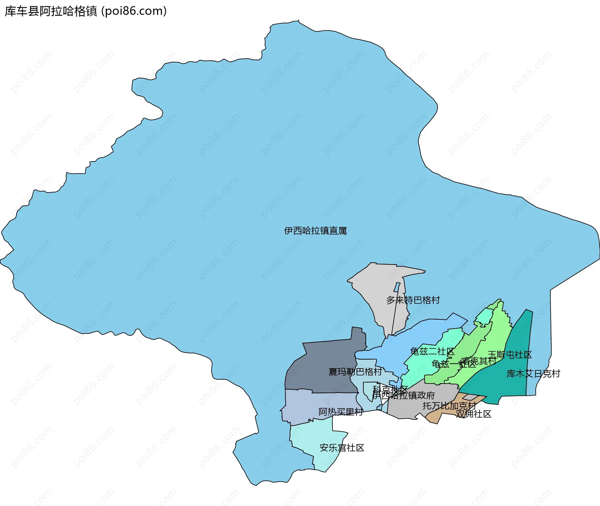 库车县阿拉哈格镇边界地图(五级行政区划)