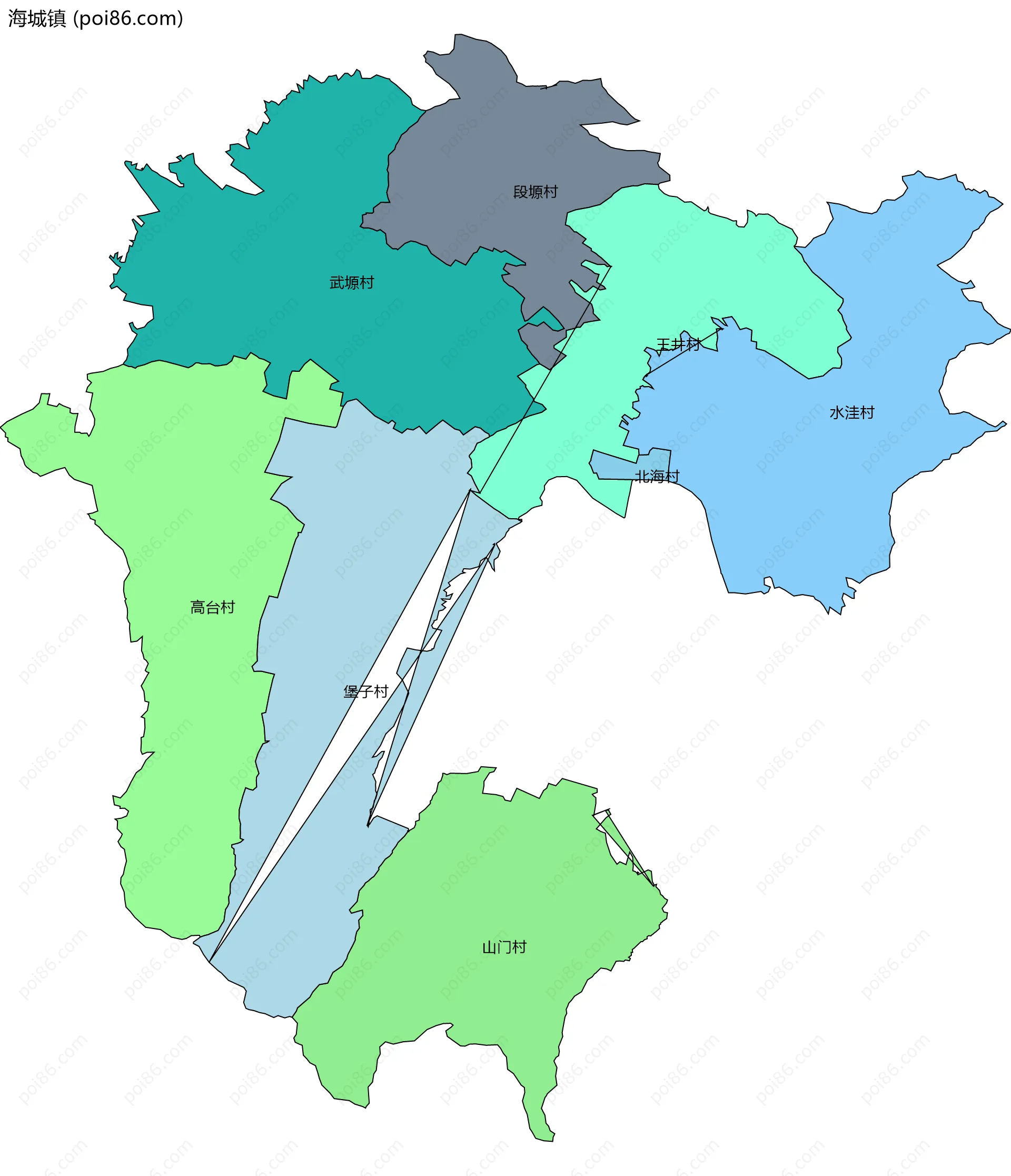 海城镇边界地图(五级行政区划)