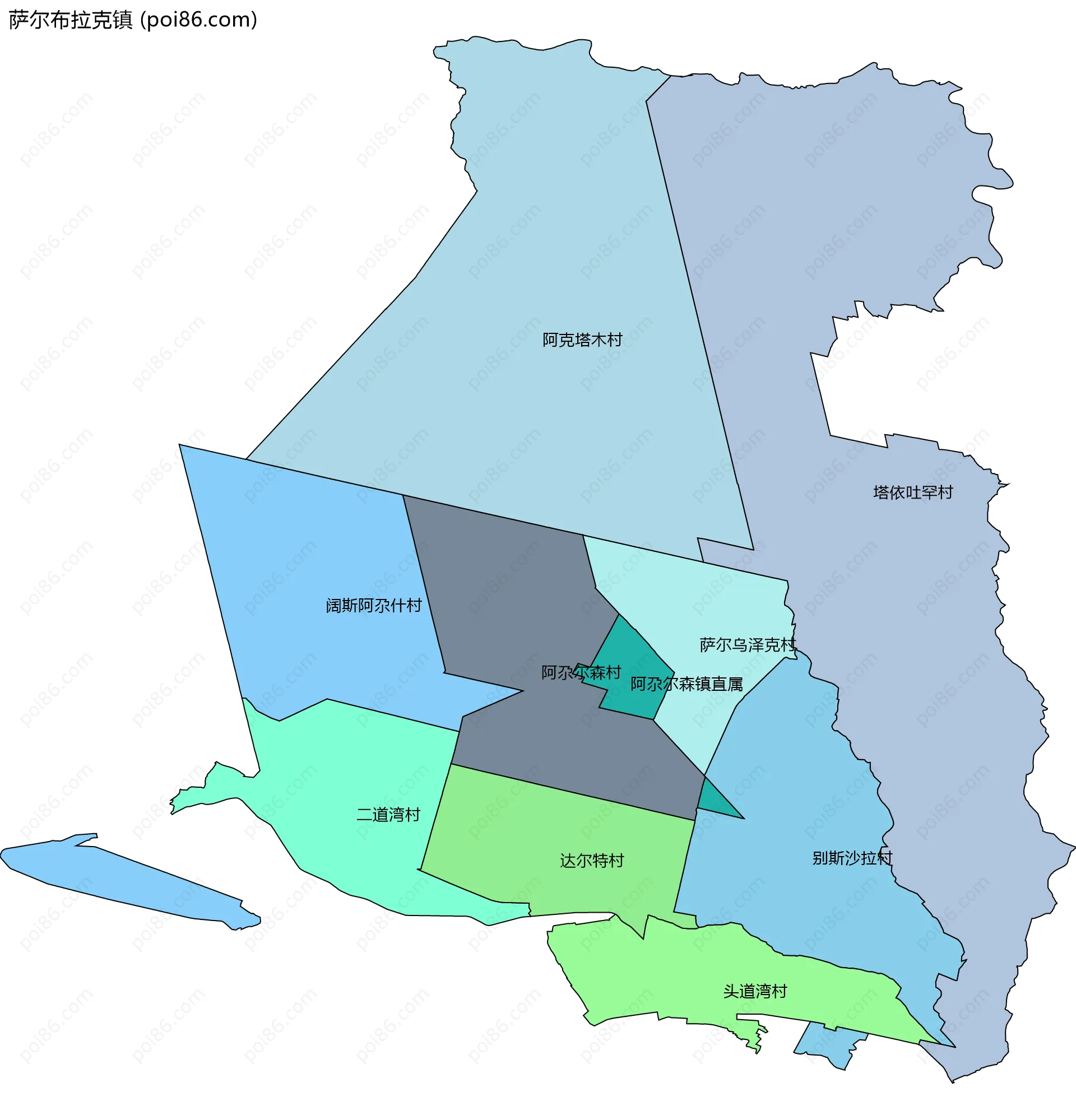 萨尔布拉克镇边界地图(五级行政区划)