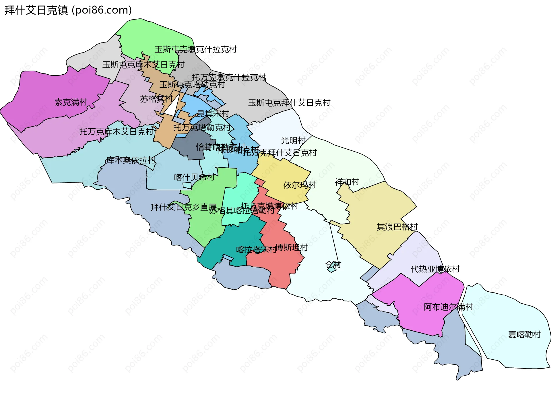 拜什艾日克镇边界地图(五级行政区划)