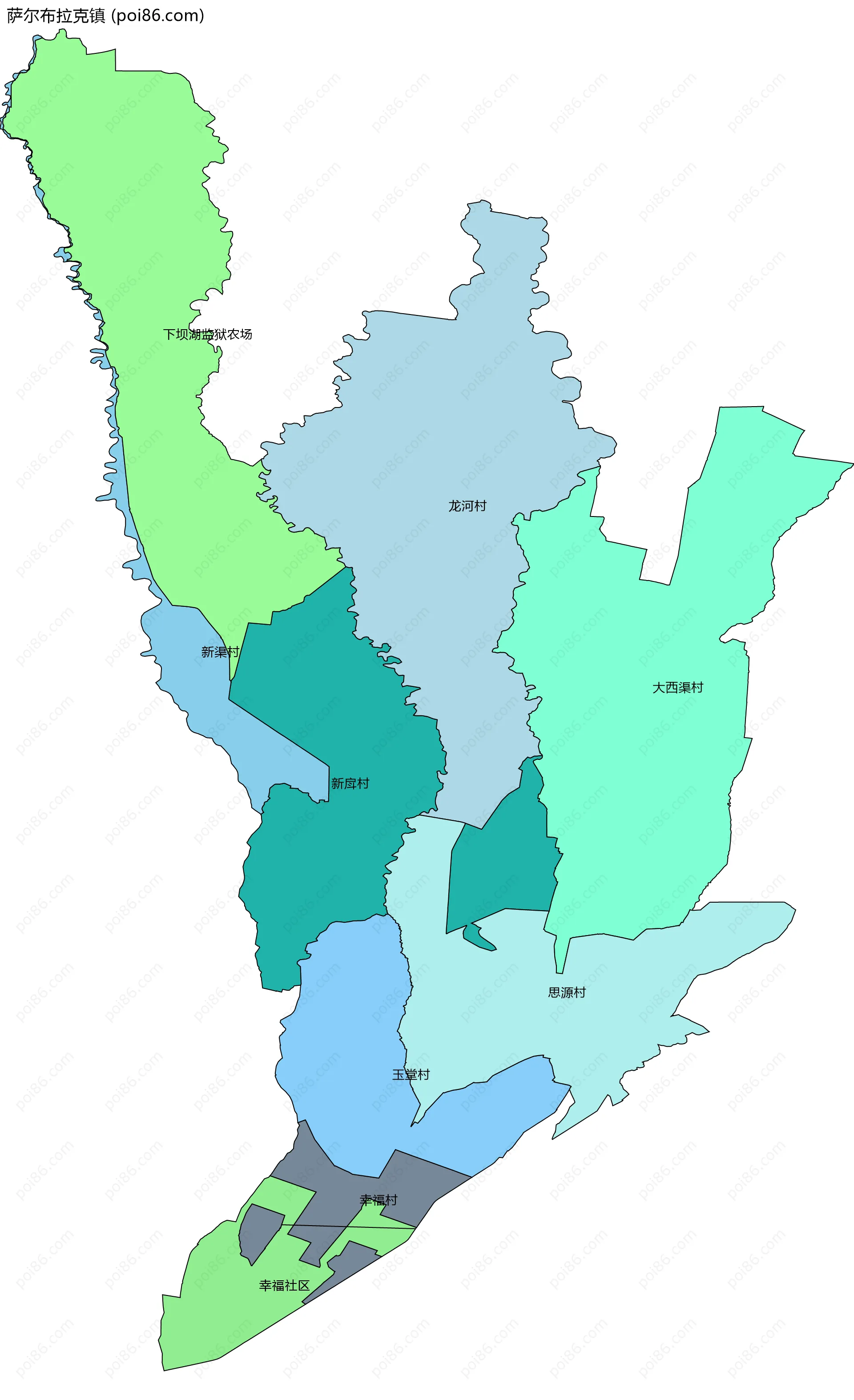 萨尔布拉克镇边界地图(五级行政区划)
