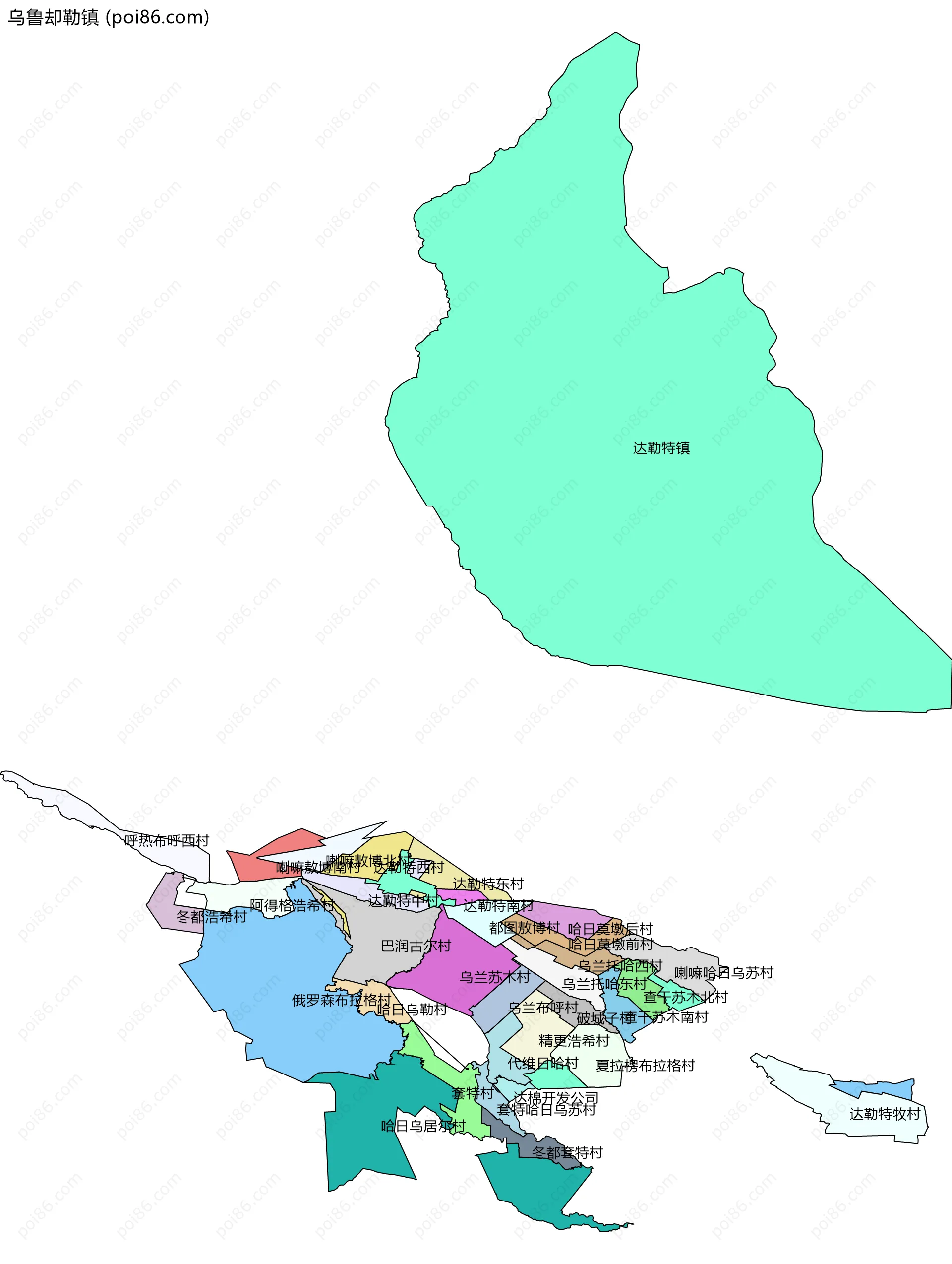 乌鲁却勒镇边界地图(五级行政区划)