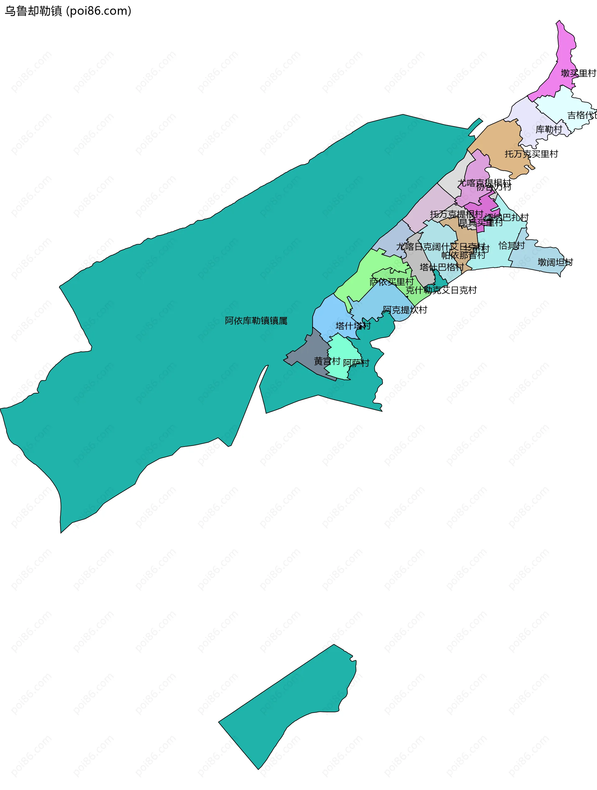 乌鲁却勒镇边界地图(五级行政区划)