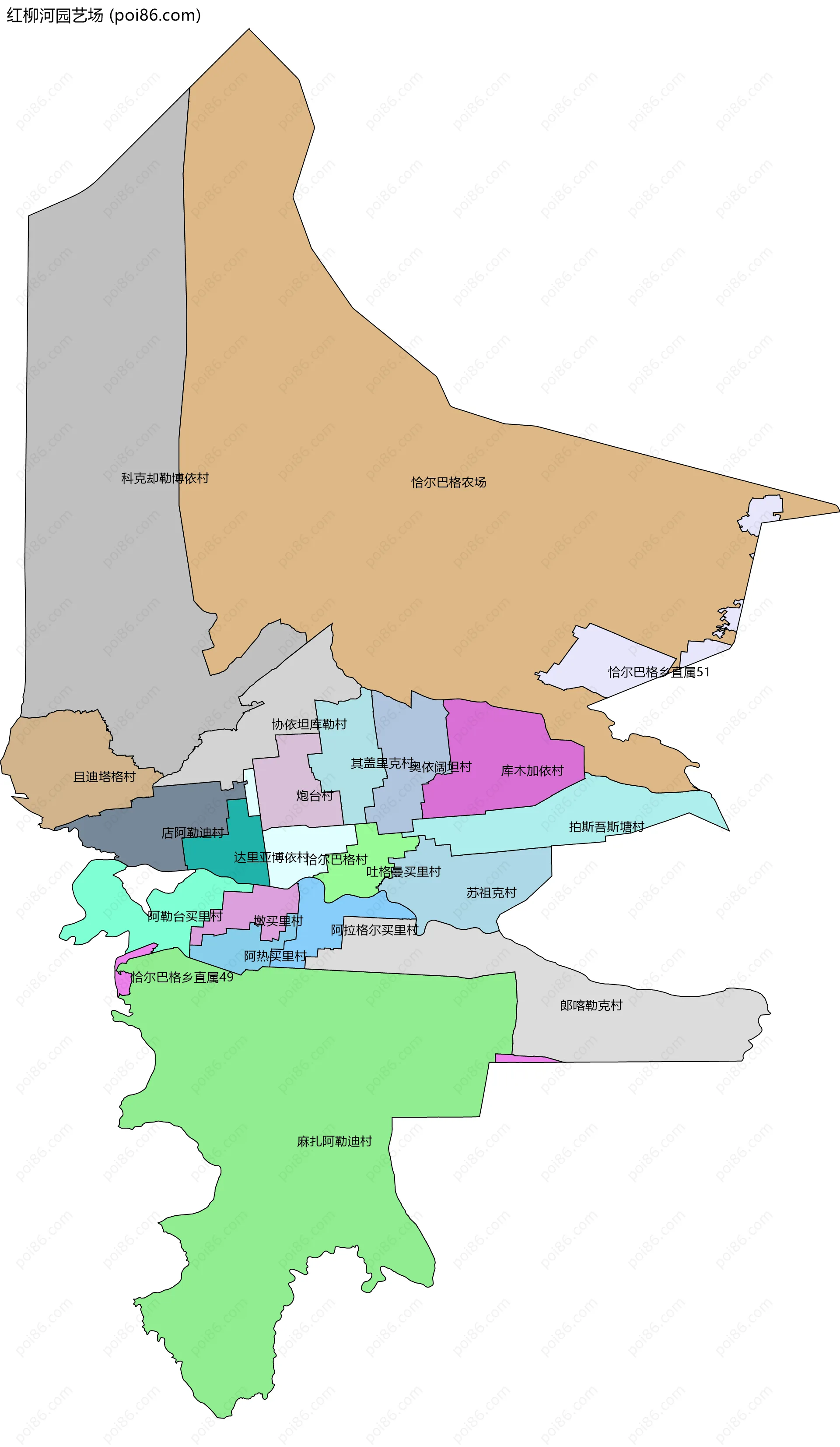 红柳河园艺场边界地图(五级行政区划)