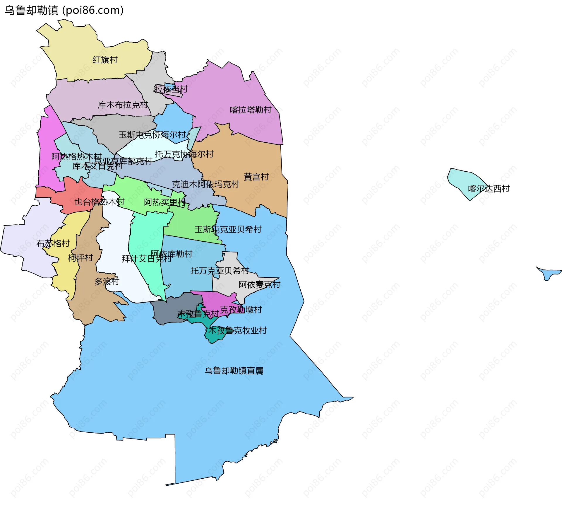 乌鲁却勒镇边界地图(五级行政区划)