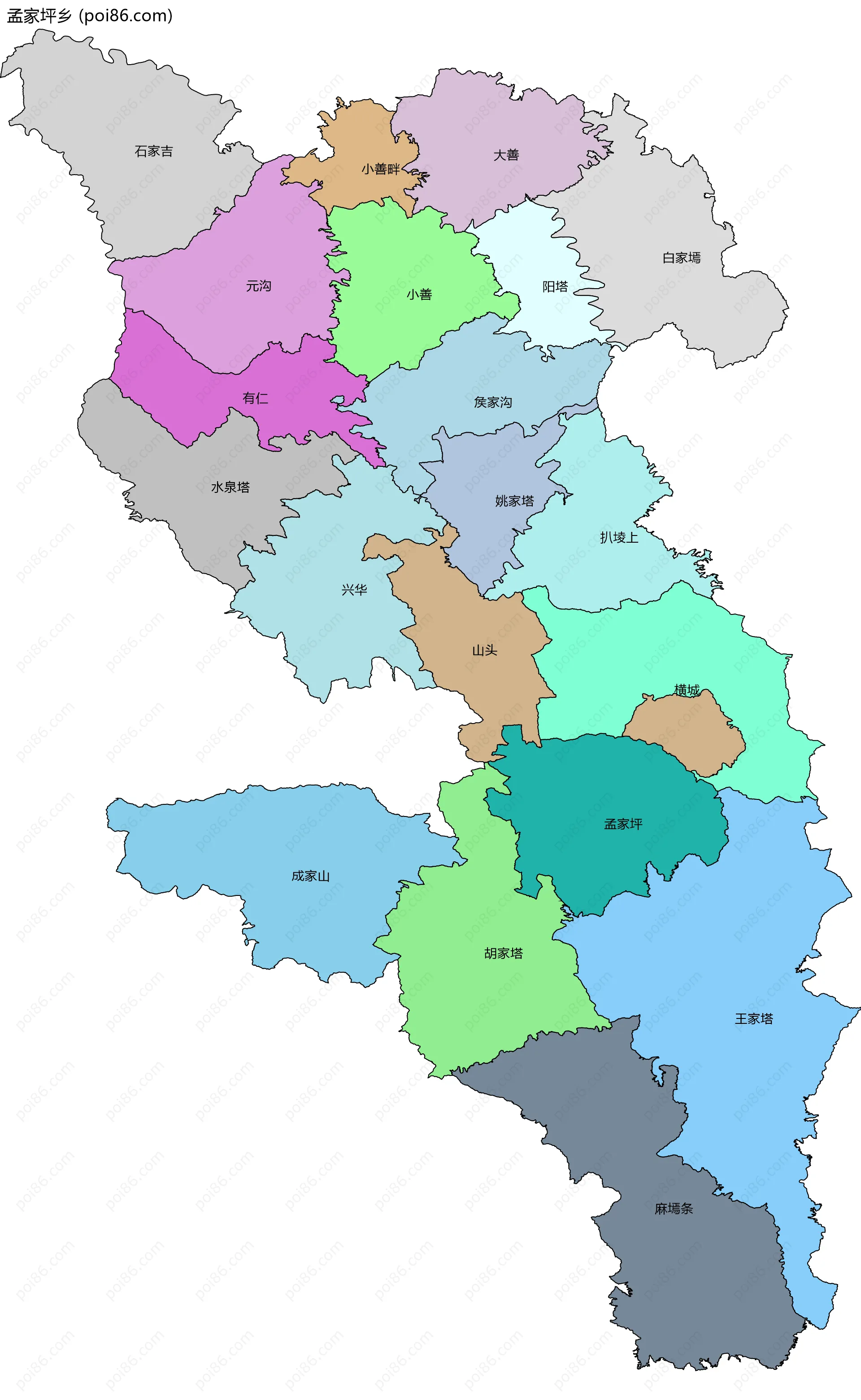 孟家坪乡边界地图(五级行政区划)