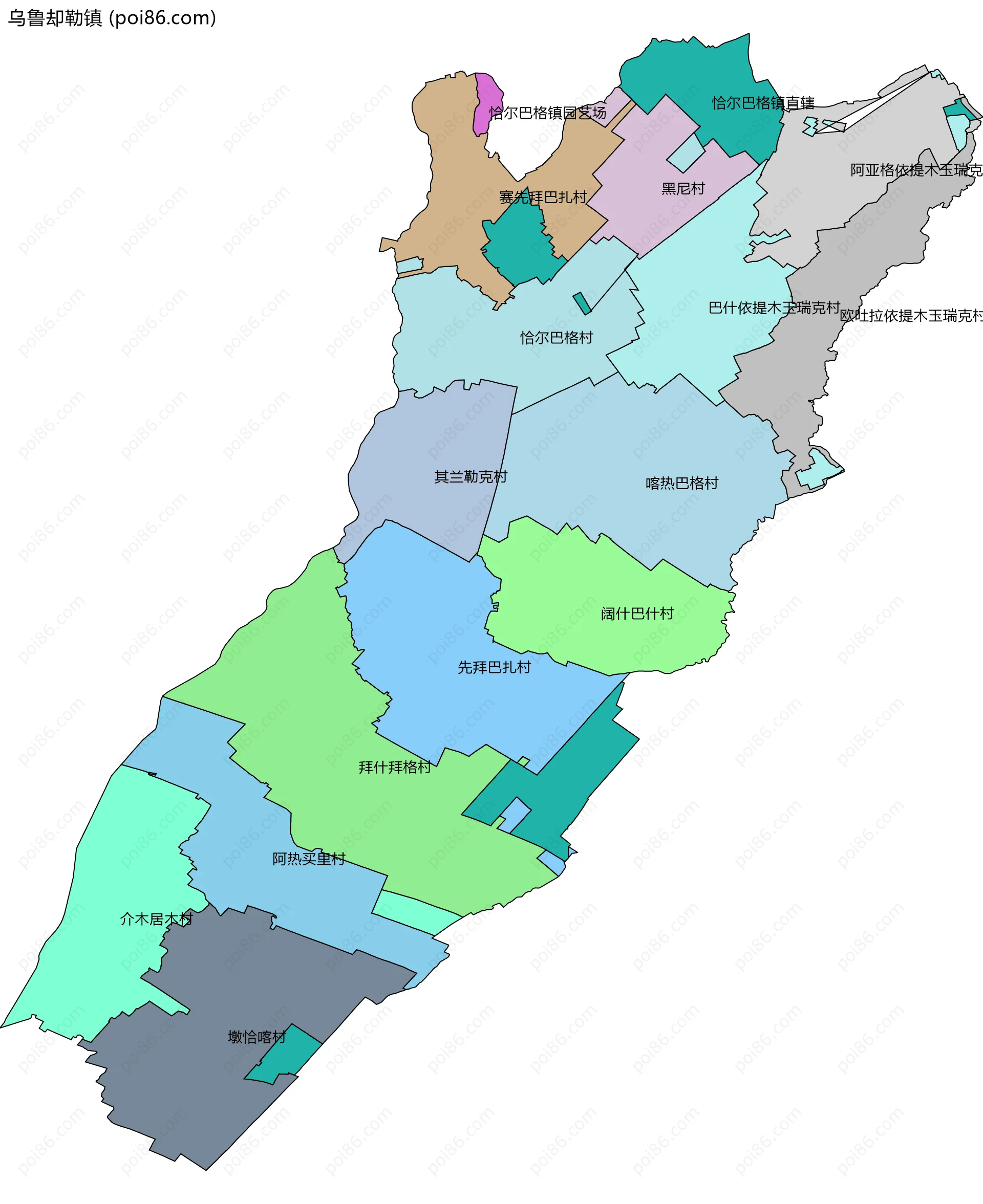 乌鲁却勒镇边界地图(五级行政区划)