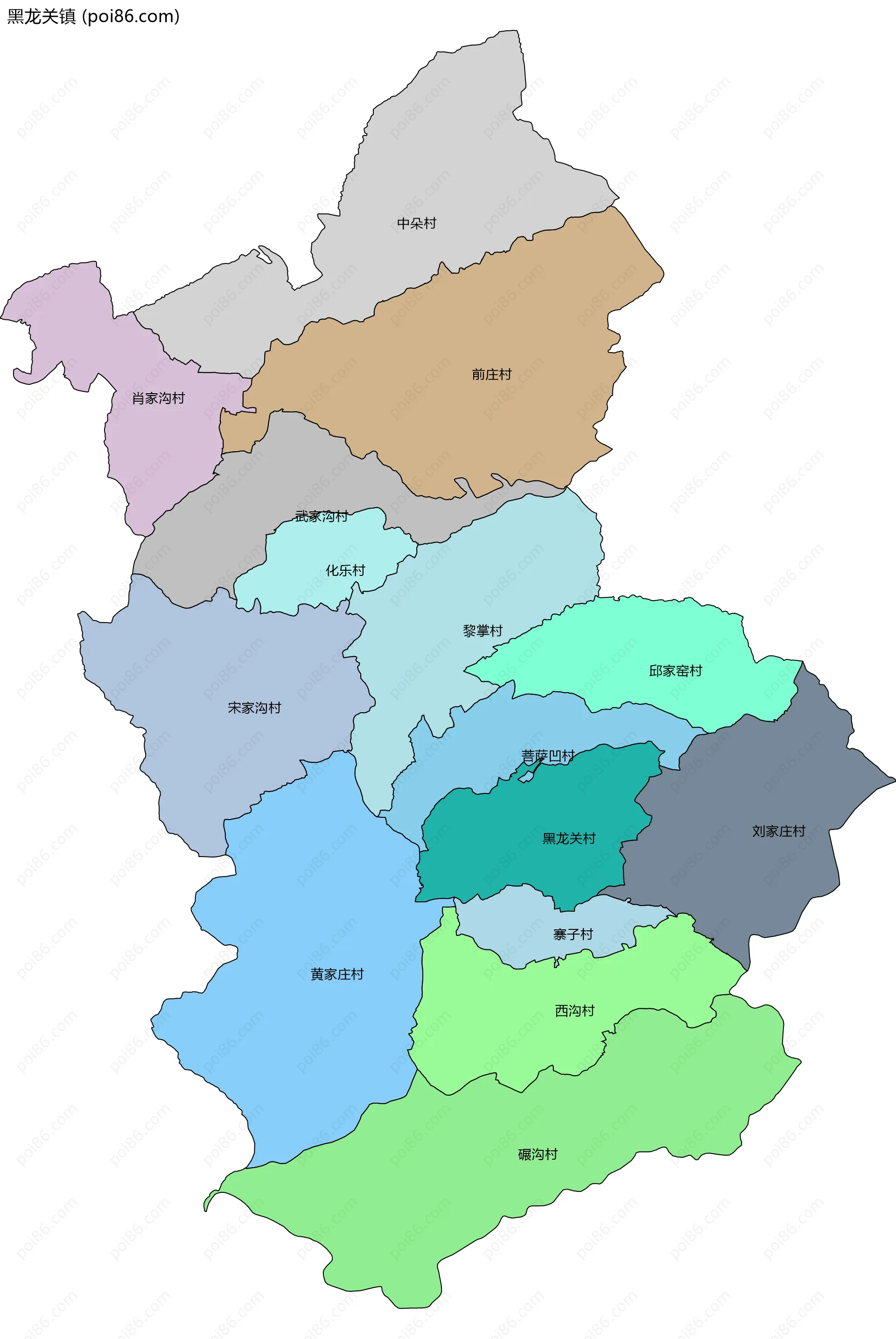 黑龙关镇边界地图(五级行政区划)