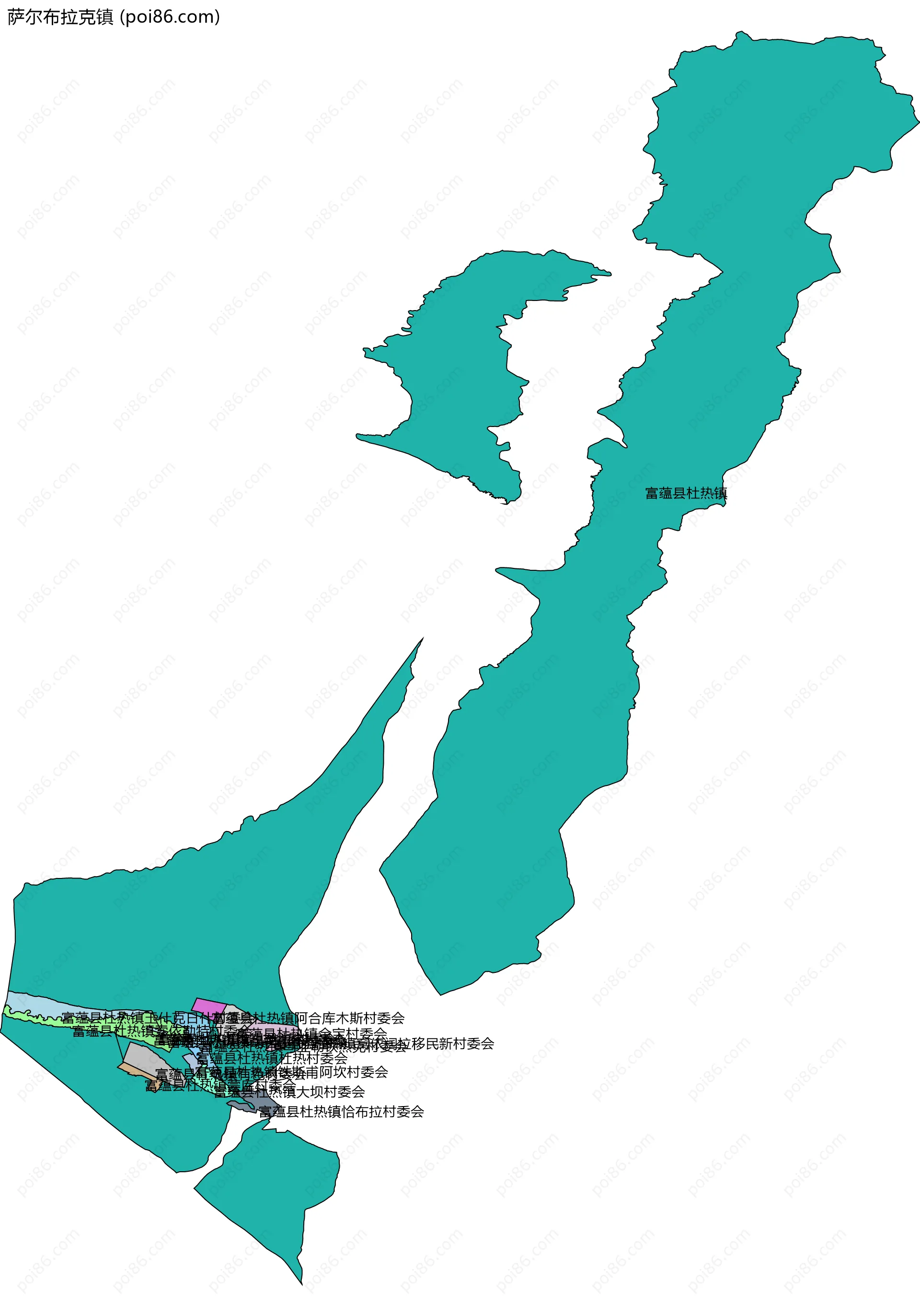 萨尔布拉克镇边界地图(五级行政区划)