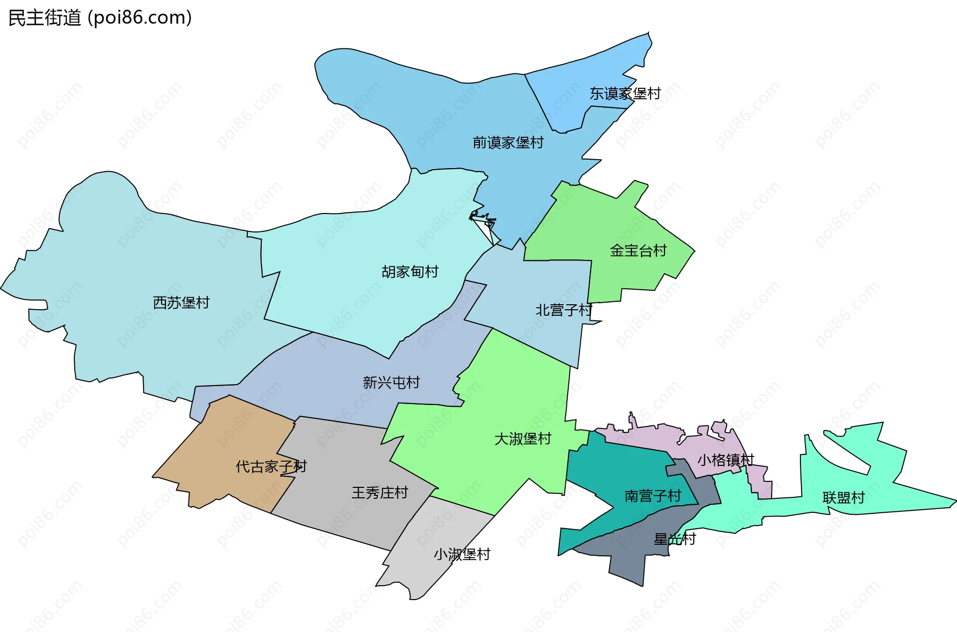 民主街道边界地图(五级行政区划)