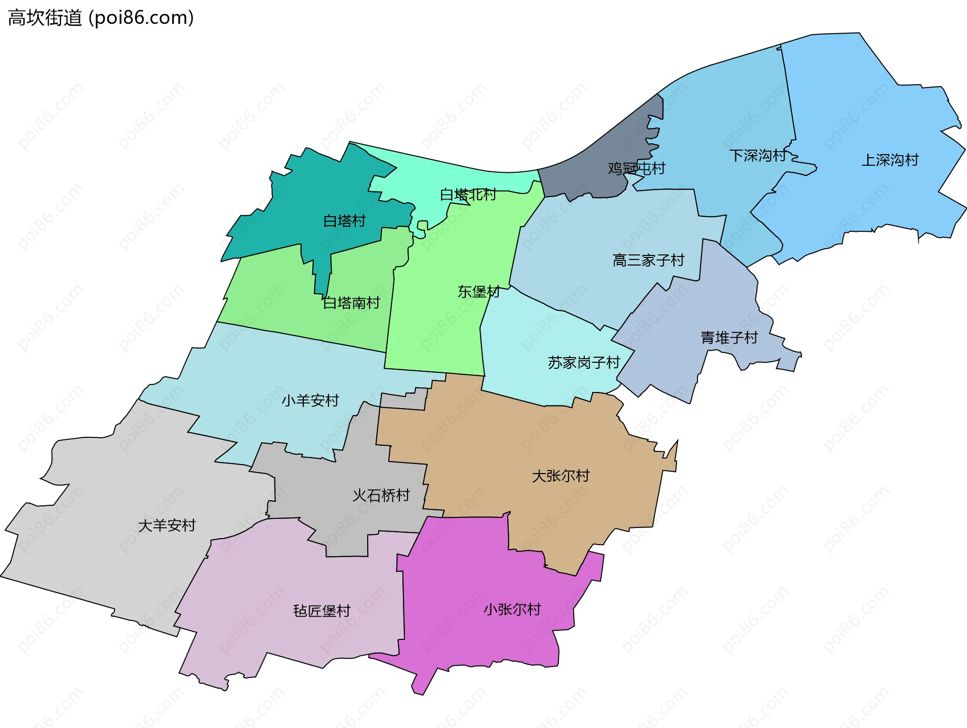 高坎街道边界地图(五级行政区划)