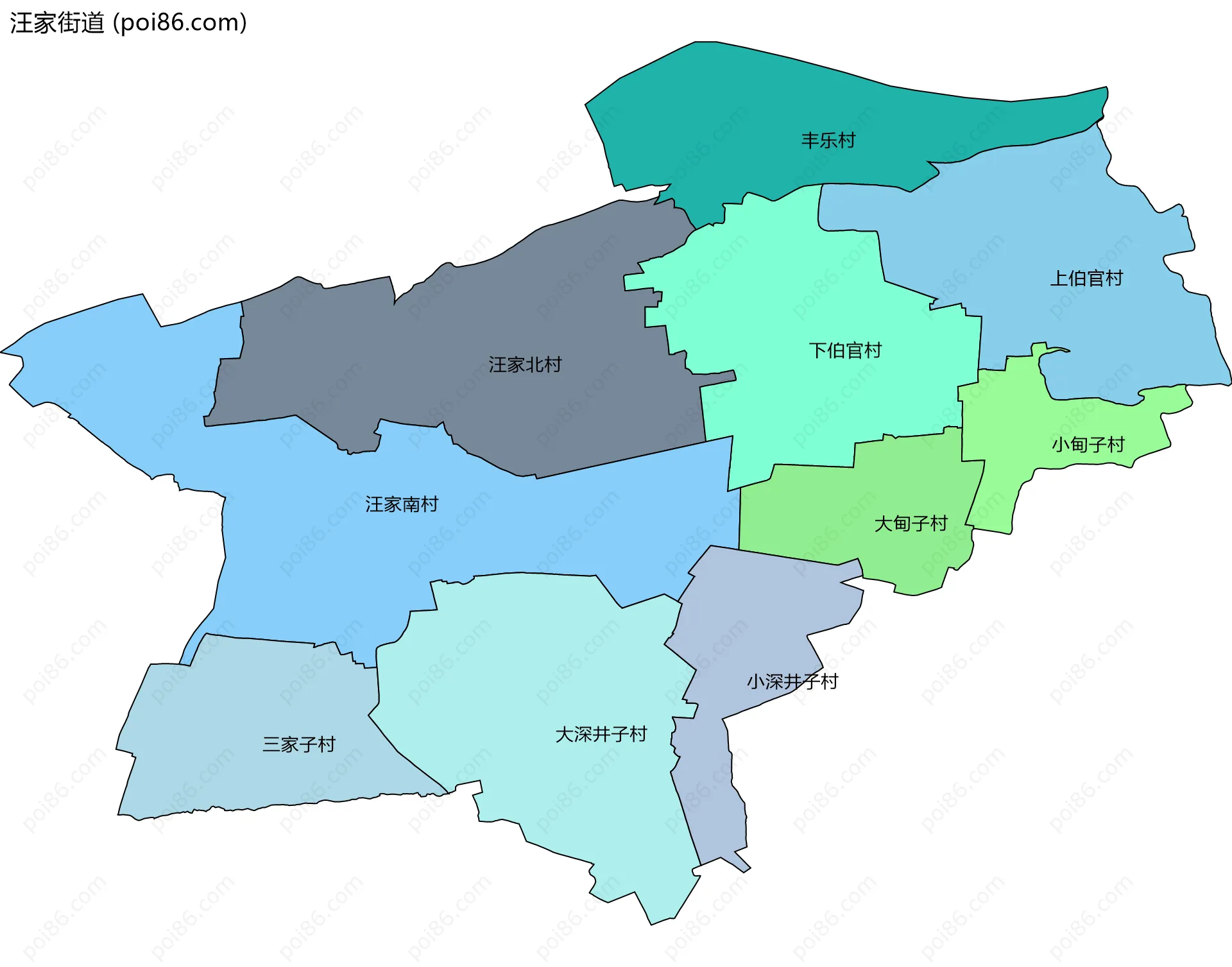 汪家街道边界地图(五级行政区划)