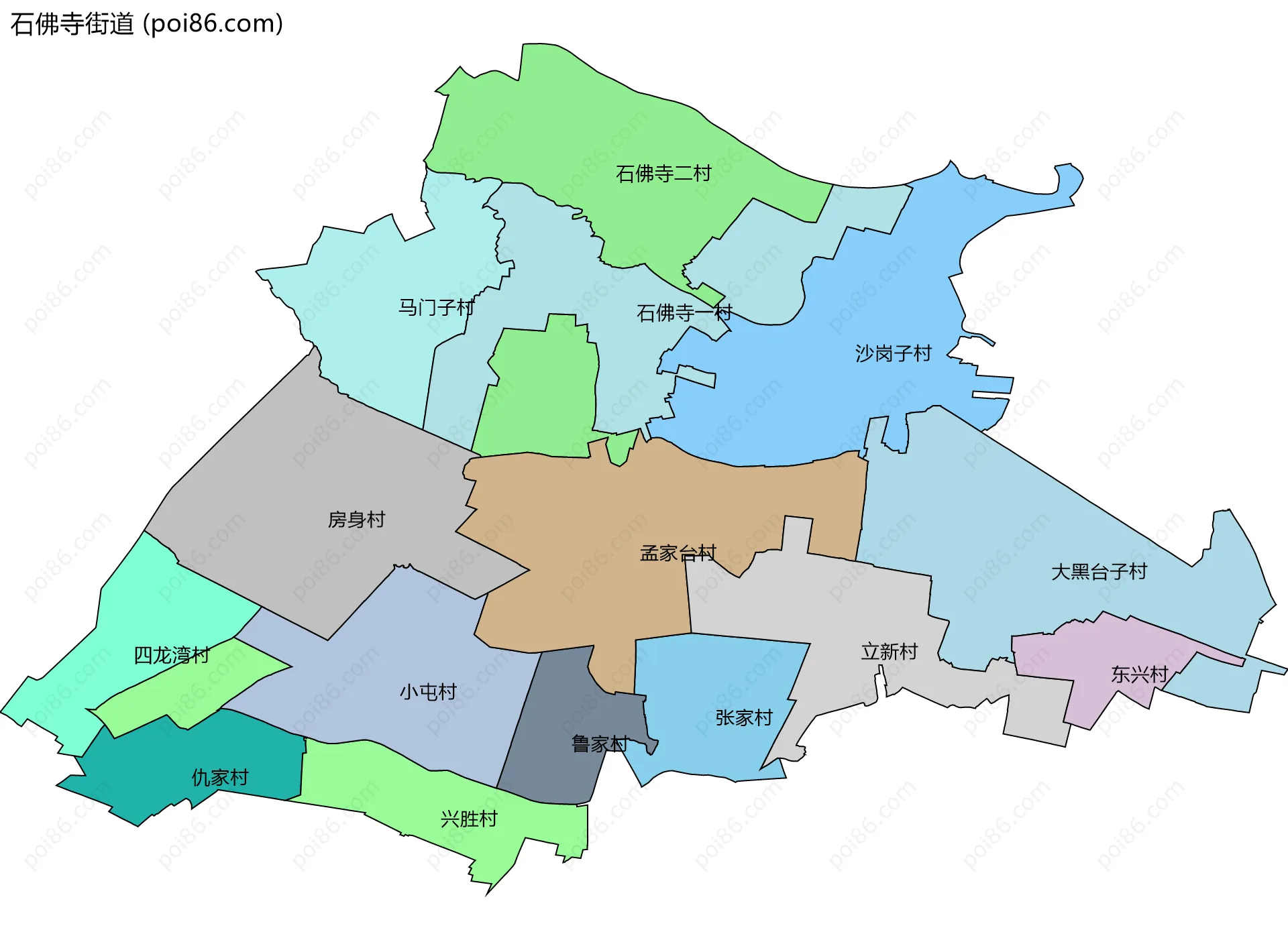 石佛寺街道边界地图(五级行政区划)