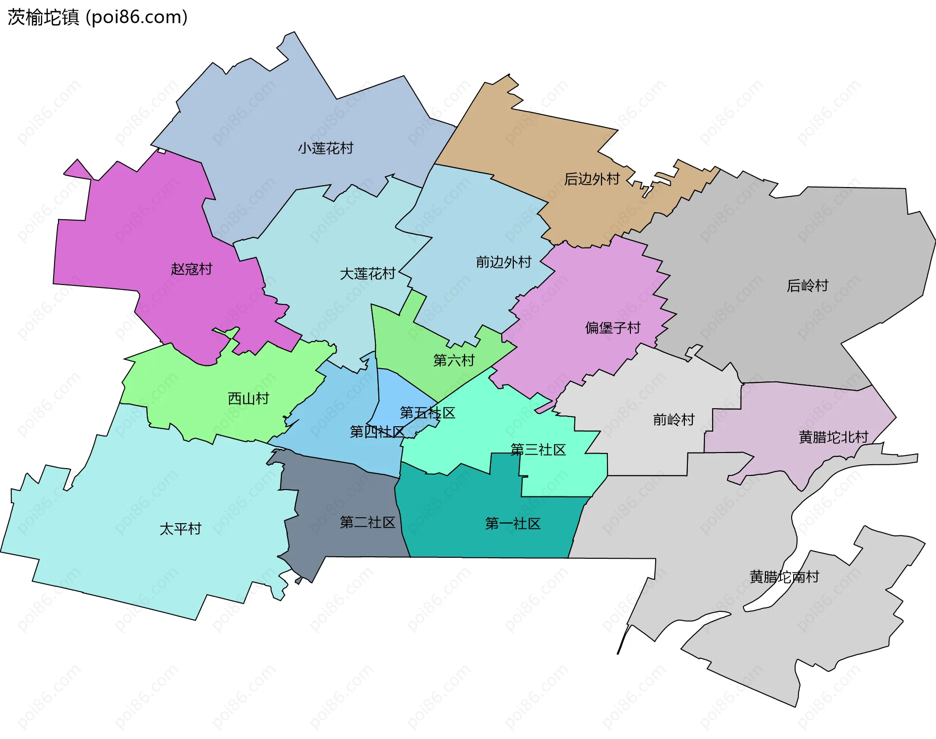 茨榆坨镇边界地图(五级行政区划)