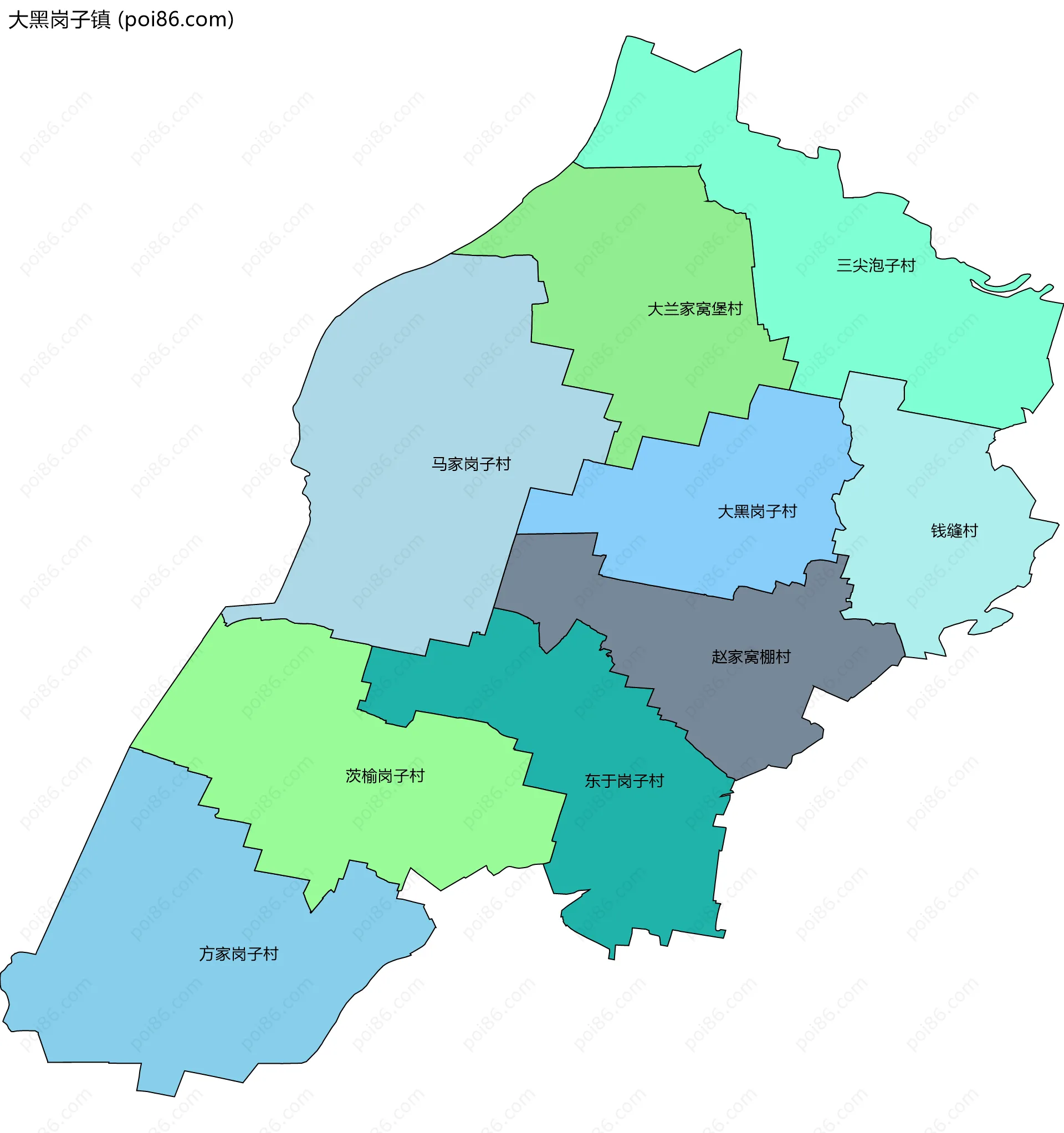 大黑岗子镇边界地图(五级行政区划)