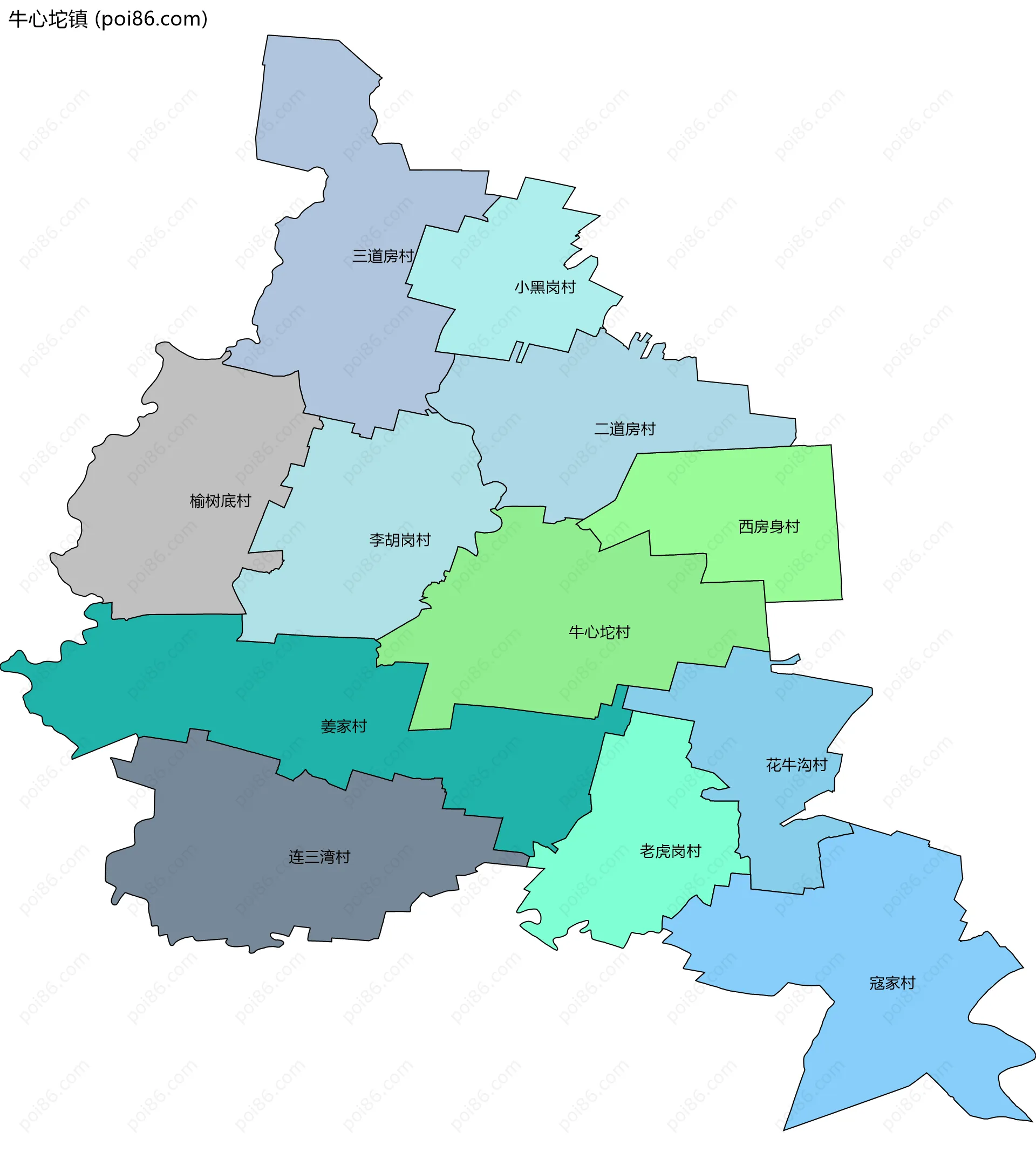 牛心坨镇边界地图(五级行政区划)