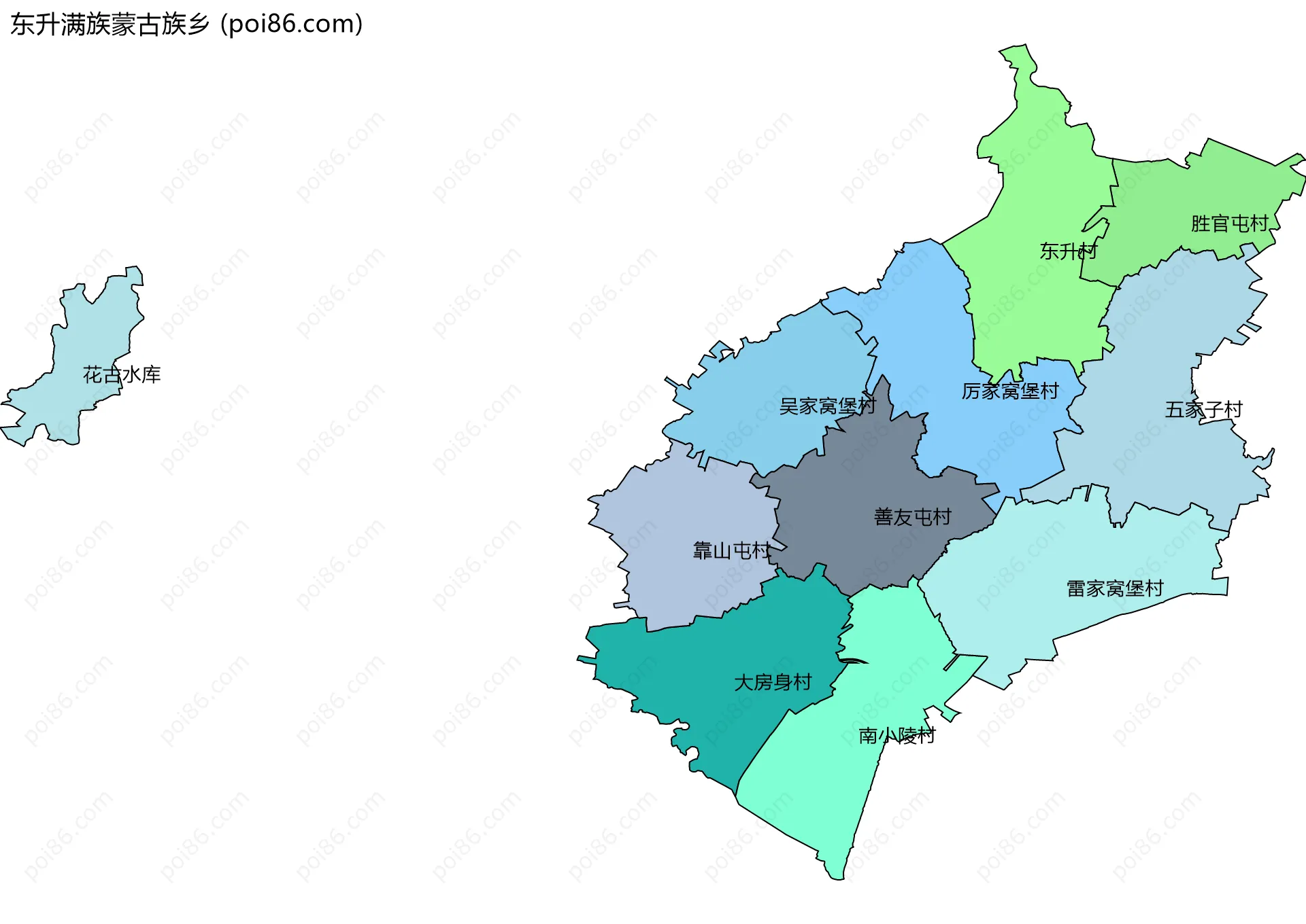 东升满族蒙古族乡边界地图(五级行政区划)